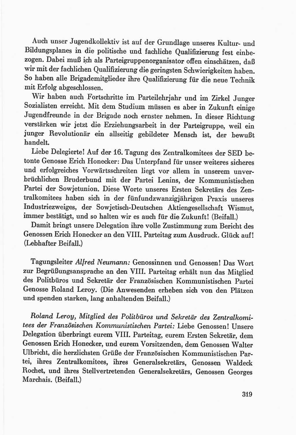 Protokoll der Verhandlungen des Ⅷ. Parteitages der Sozialistischen Einheitspartei Deutschlands (SED) [Deutsche Demokratische Republik (DDR)] 1971, Band 1, Seite 319 (Prot. Verh. Ⅷ. PT SED DDR 1971, Bd. 1, S. 319)