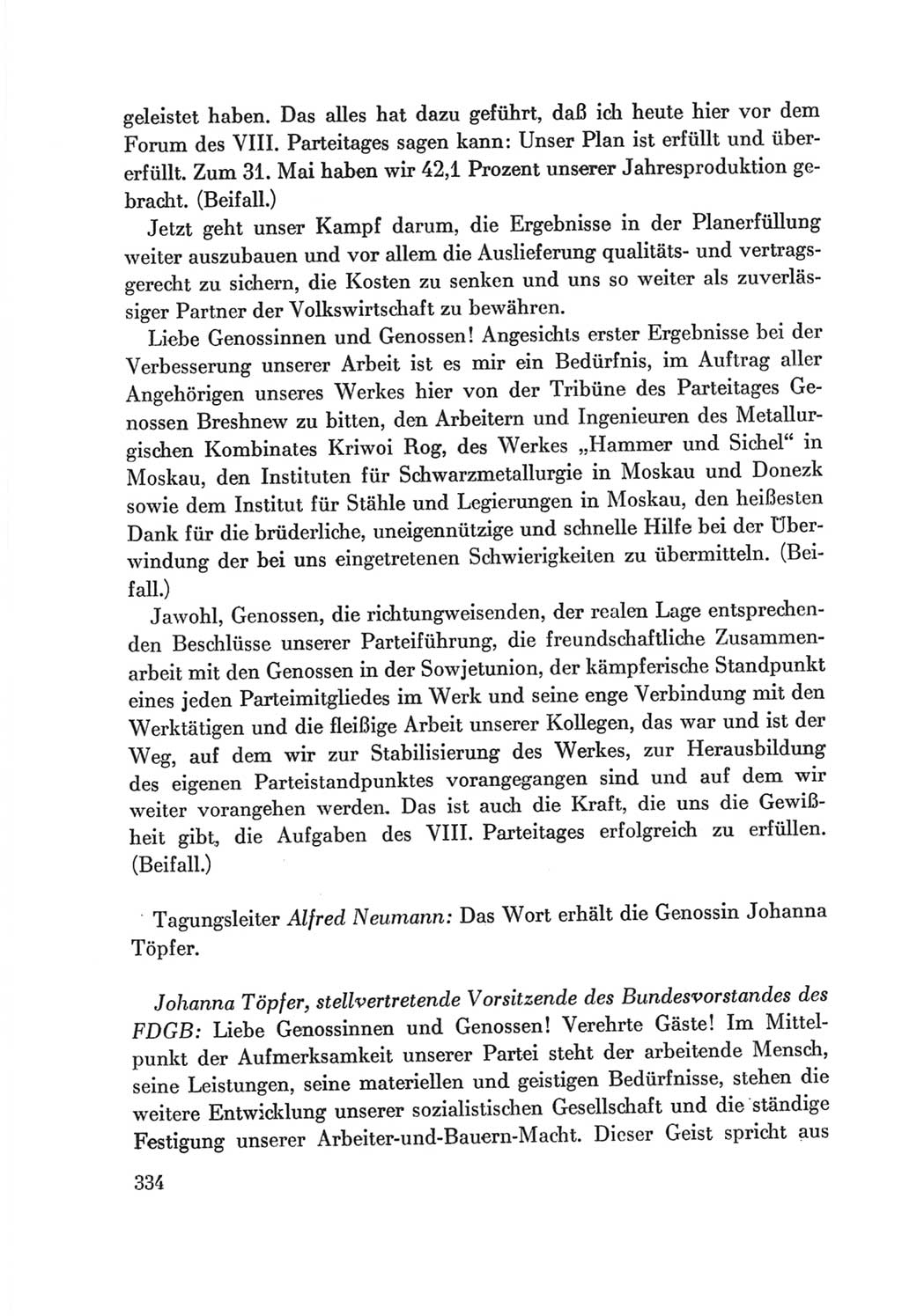 Protokoll der Verhandlungen des Ⅷ. Parteitages der Sozialistischen Einheitspartei Deutschlands (SED) [Deutsche Demokratische Republik (DDR)] 1971, Band 1, Seite 334 (Prot. Verh. Ⅷ. PT SED DDR 1971, Bd. 1, S. 334)