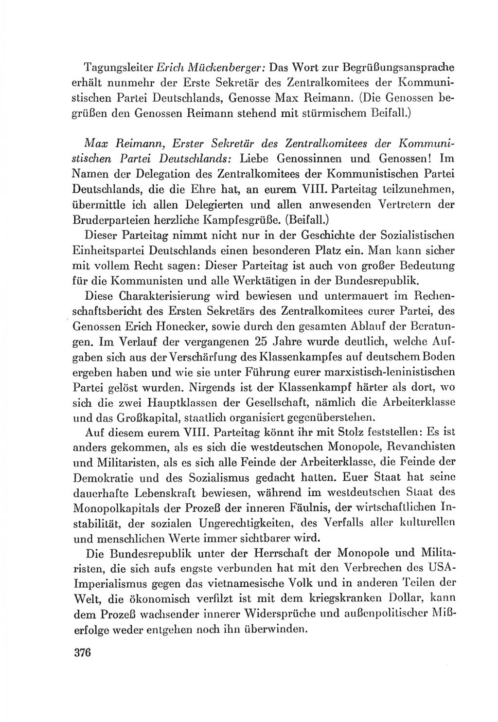 Protokoll der Verhandlungen des Ⅷ. Parteitages der Sozialistischen Einheitspartei Deutschlands (SED) [Deutsche Demokratische Republik (DDR)] 1971, Band 1, Seite 376 (Prot. Verh. Ⅷ. PT SED DDR 1971, Bd. 1, S. 376)