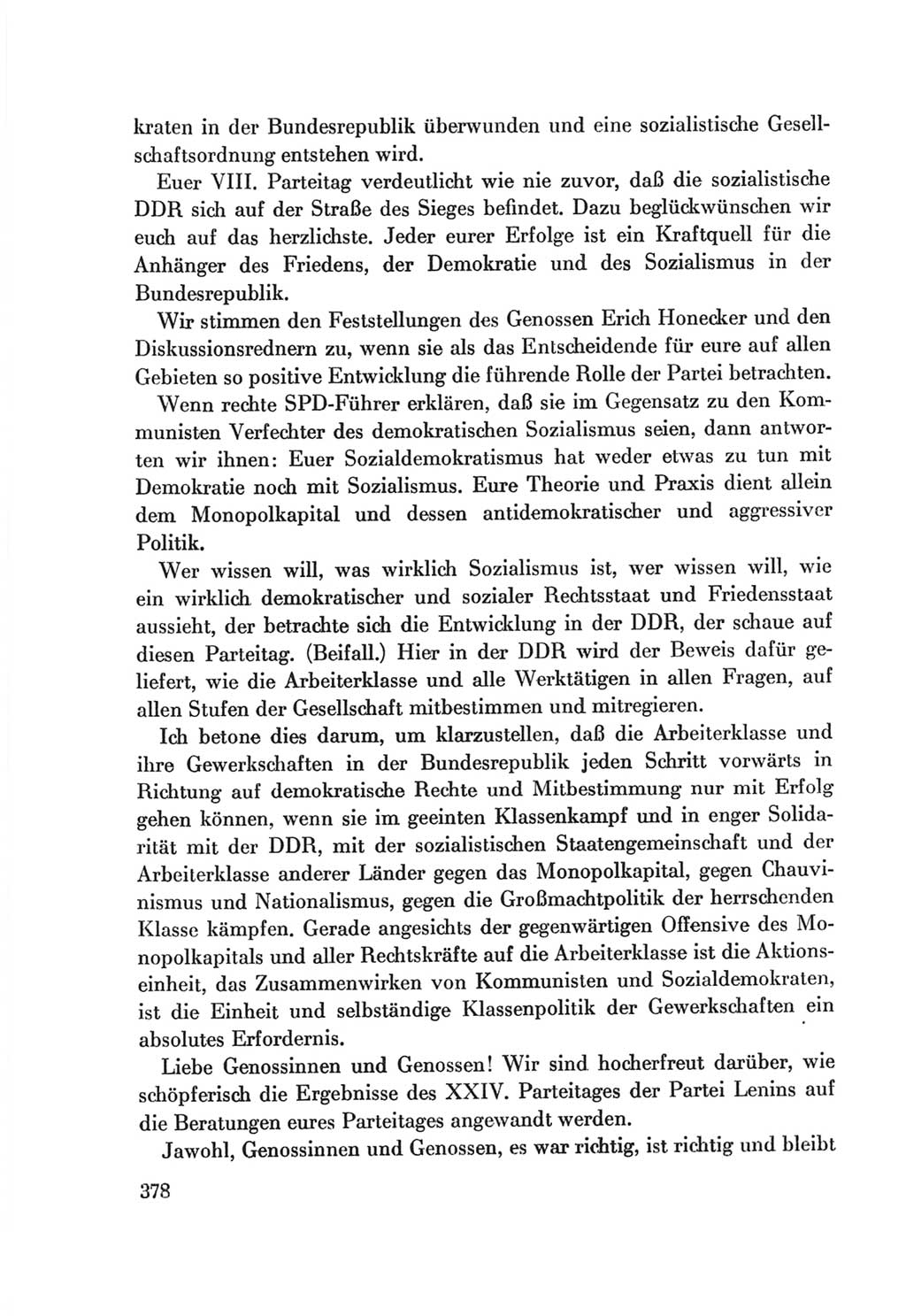 Protokoll der Verhandlungen des Ⅷ. Parteitages der Sozialistischen Einheitspartei Deutschlands (SED) [Deutsche Demokratische Republik (DDR)] 1971, Band 1, Seite 378 (Prot. Verh. Ⅷ. PT SED DDR 1971, Bd. 1, S. 378)