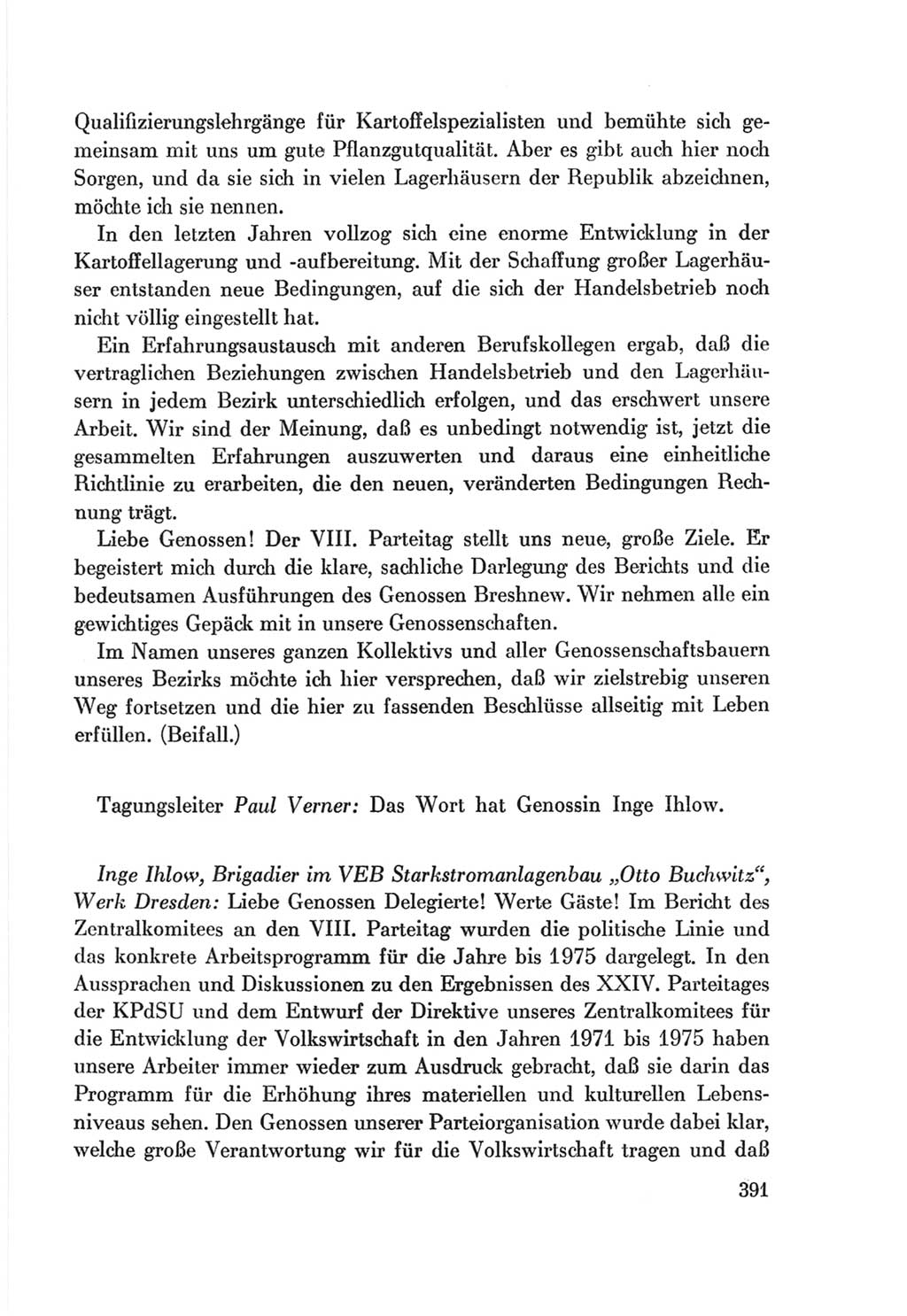 Protokoll der Verhandlungen des Ⅷ. Parteitages der Sozialistischen Einheitspartei Deutschlands (SED) [Deutsche Demokratische Republik (DDR)] 1971, Band 1, Seite 391 (Prot. Verh. Ⅷ. PT SED DDR 1971, Bd. 1, S. 391)