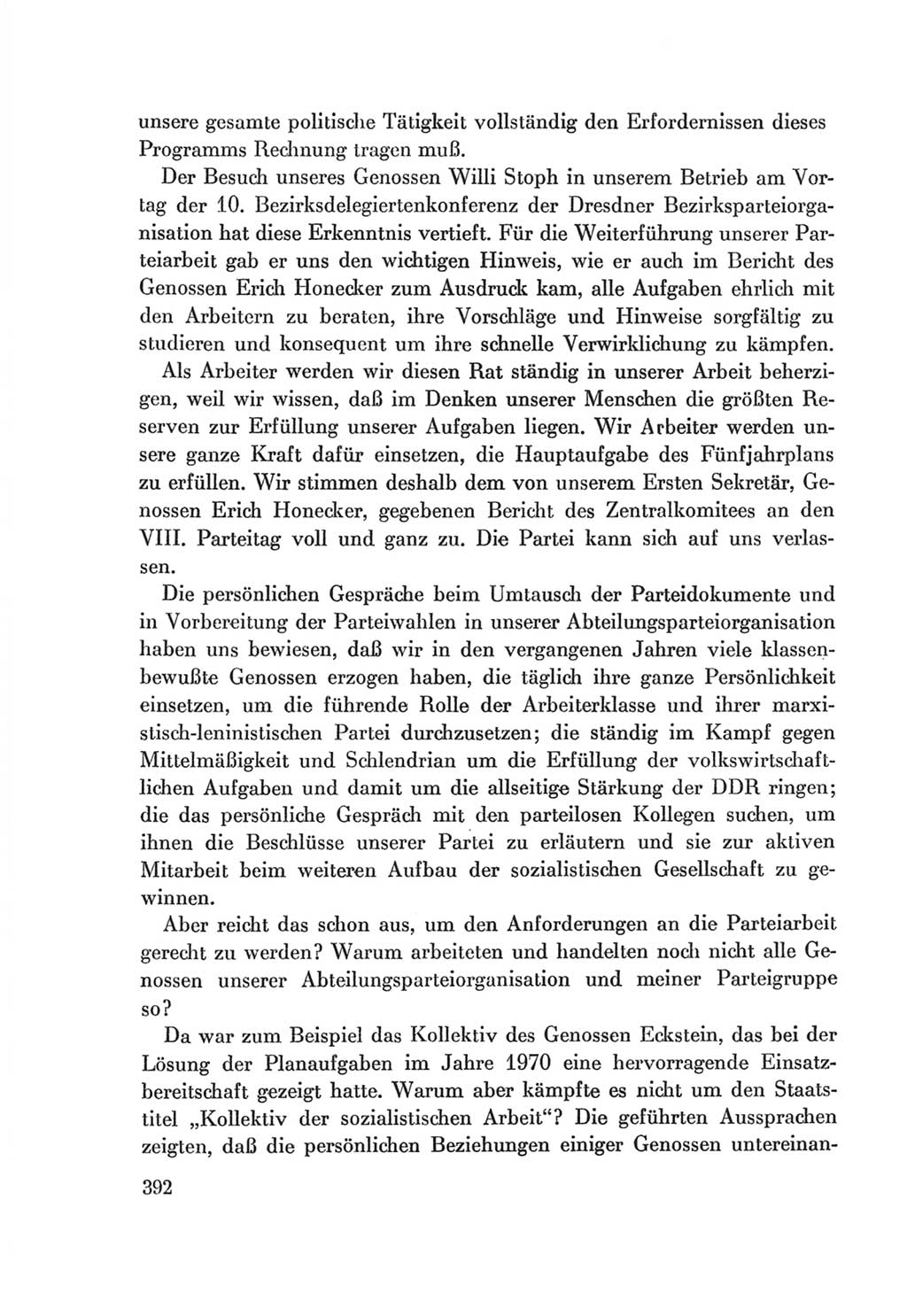 Protokoll der Verhandlungen des Ⅷ. Parteitages der Sozialistischen Einheitspartei Deutschlands (SED) [Deutsche Demokratische Republik (DDR)] 1971, Band 1, Seite 392 (Prot. Verh. Ⅷ. PT SED DDR 1971, Bd. 1, S. 392)