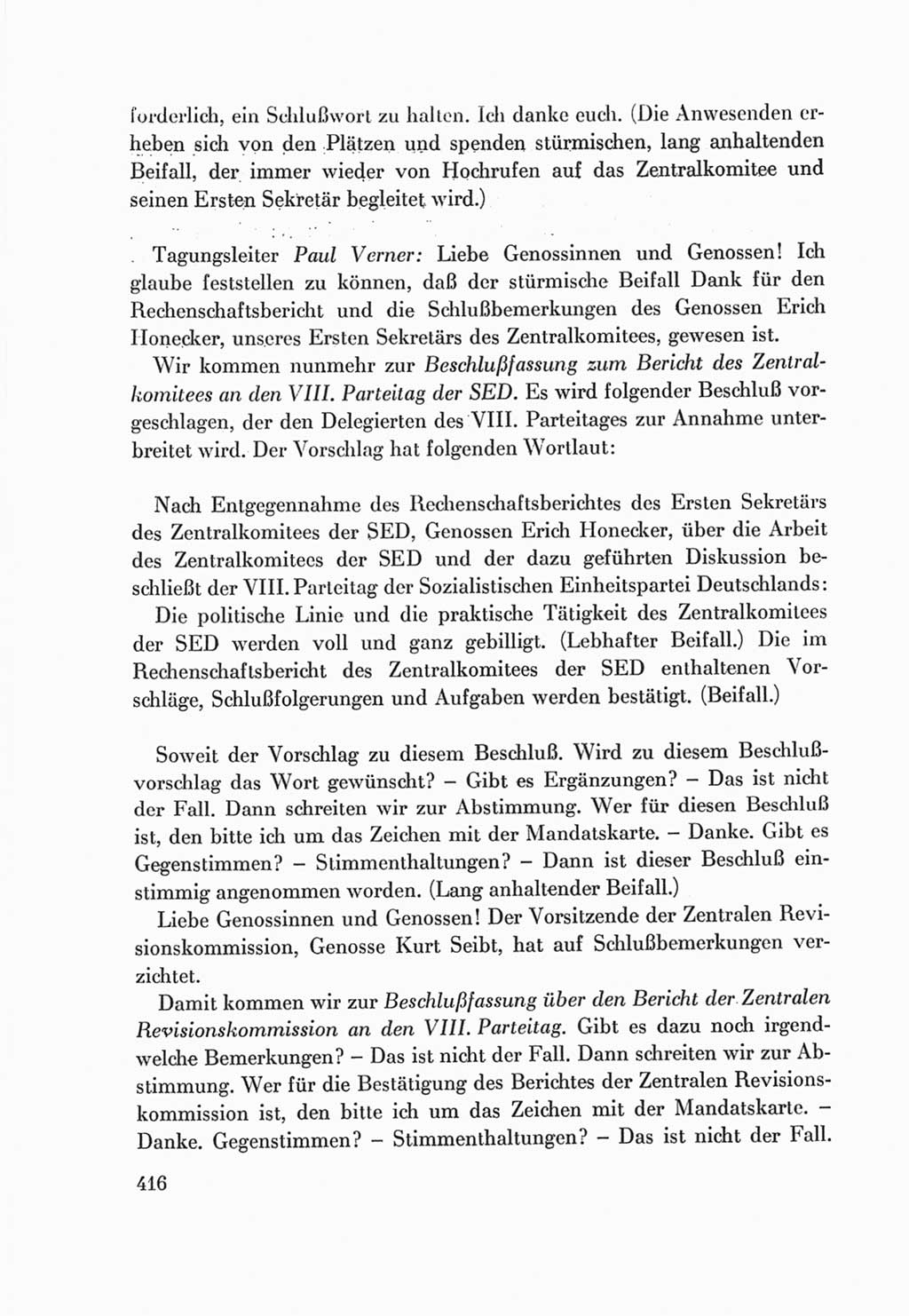 Protokoll der Verhandlungen des Ⅷ. Parteitages der Sozialistischen Einheitspartei Deutschlands (SED) [Deutsche Demokratische Republik (DDR)] 1971, Band 1, Seite 416 (Prot. Verh. Ⅷ. PT SED DDR 1971, Bd. 1, S. 416)