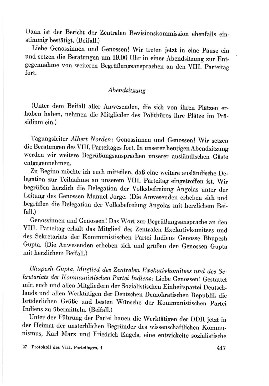 Protokoll der Verhandlungen des Ⅷ. Parteitages der Sozialistischen Einheitspartei Deutschlands (SED) [Deutsche Demokratische Republik (DDR)] 1971, Band 1, Seite 417 (Prot. Verh. Ⅷ. PT SED DDR 1971, Bd. 1, S. 417)