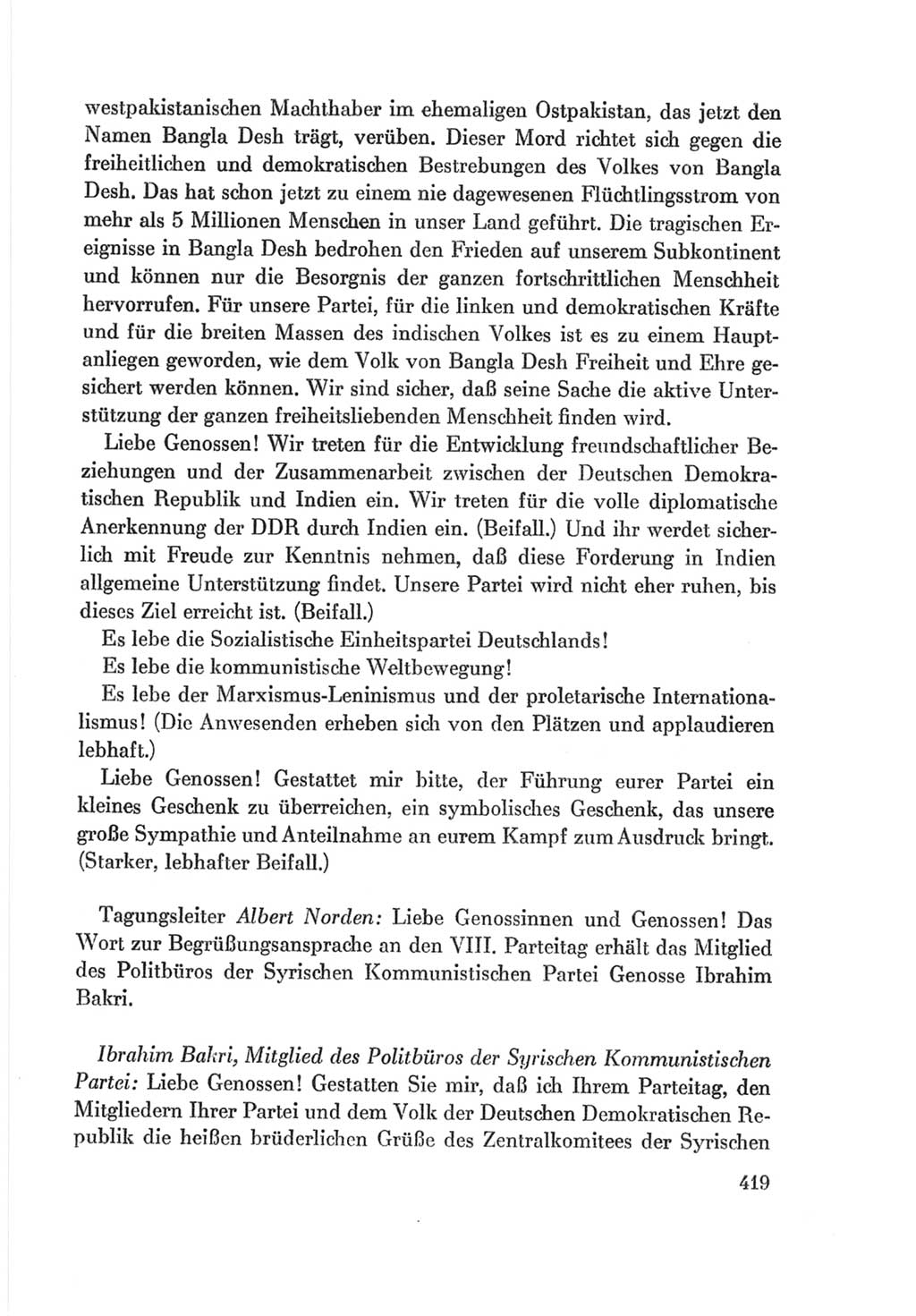 Protokoll der Verhandlungen des Ⅷ. Parteitages der Sozialistischen Einheitspartei Deutschlands (SED) [Deutsche Demokratische Republik (DDR)] 1971, Band 1, Seite 419 (Prot. Verh. Ⅷ. PT SED DDR 1971, Bd. 1, S. 419)