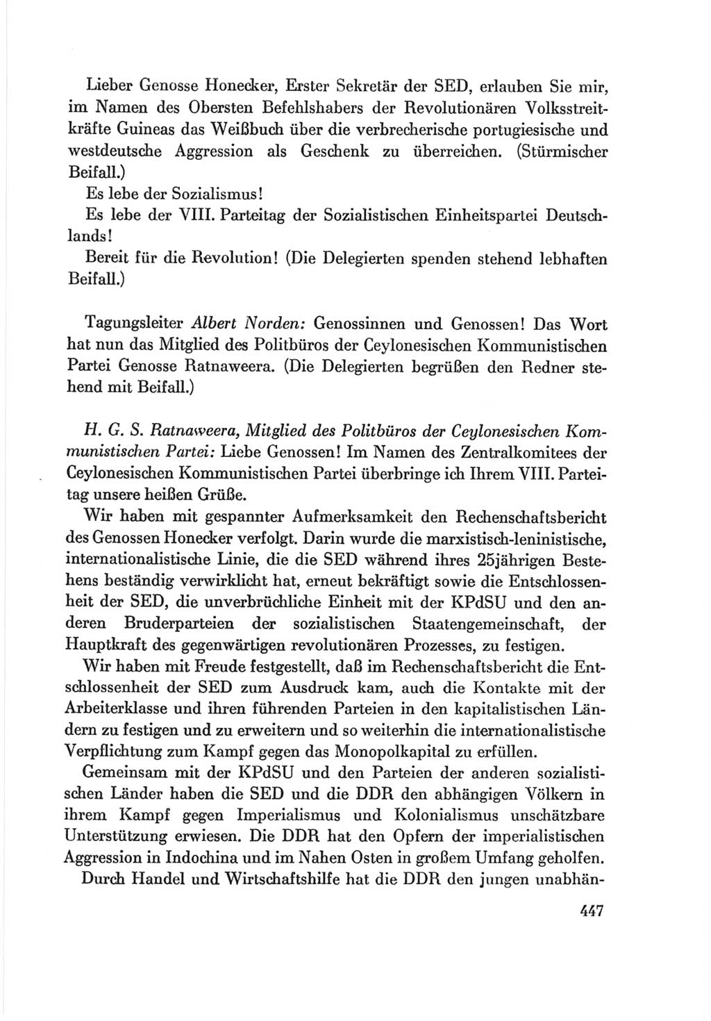 Protokoll der Verhandlungen des Ⅷ. Parteitages der Sozialistischen Einheitspartei Deutschlands (SED) [Deutsche Demokratische Republik (DDR)] 1971, Band 1, Seite 447 (Prot. Verh. Ⅷ. PT SED DDR 1971, Bd. 1, S. 447)