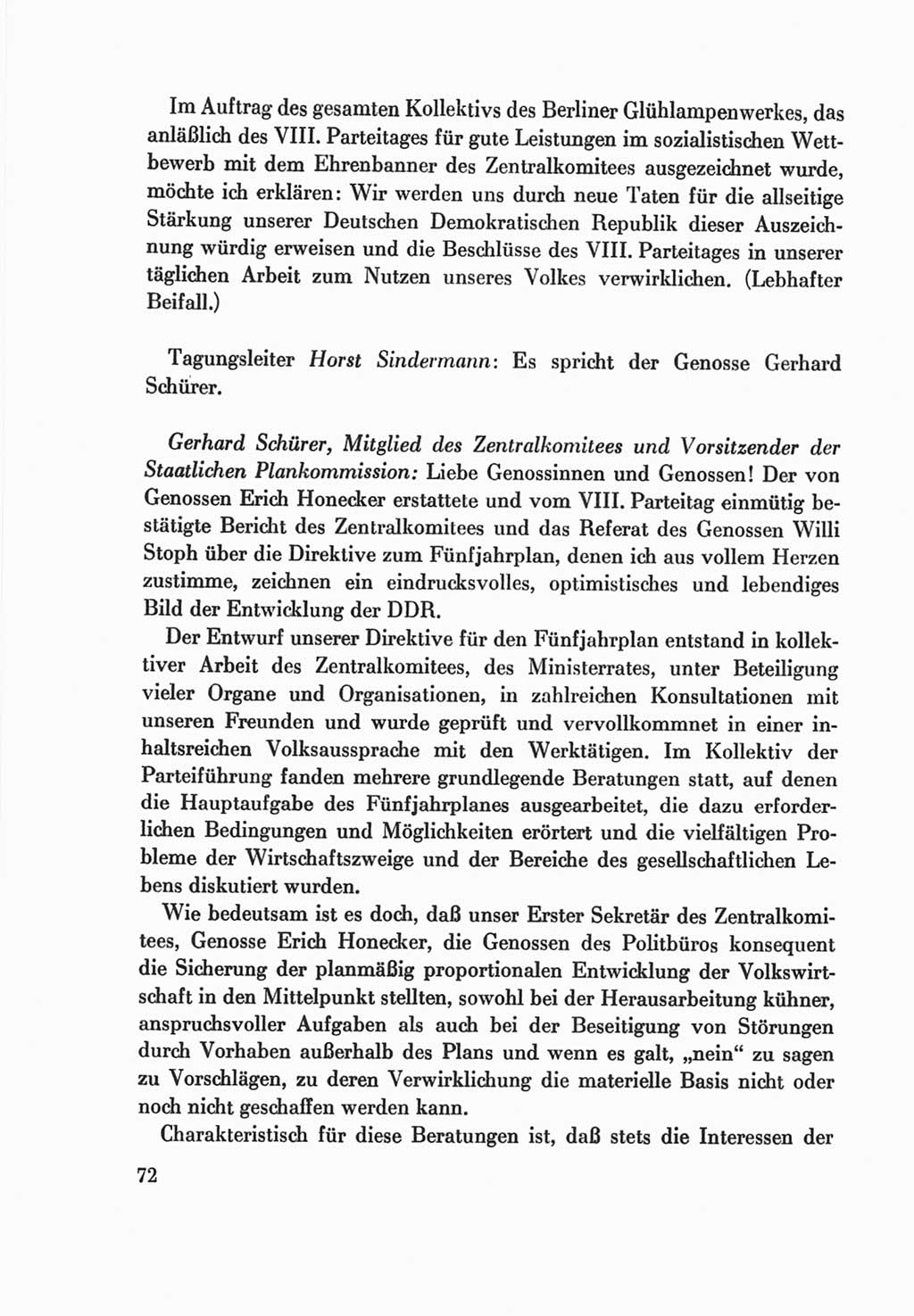 Protokoll der Verhandlungen des Ⅷ. Parteitages der Sozialistischen Einheitspartei Deutschlands (SED) [Deutsche Demokratische Republik (DDR)] 1971, Band 2, Seite 72 (Prot. Verh. Ⅷ. PT SED DDR 1971, Bd. 2, S. 72)