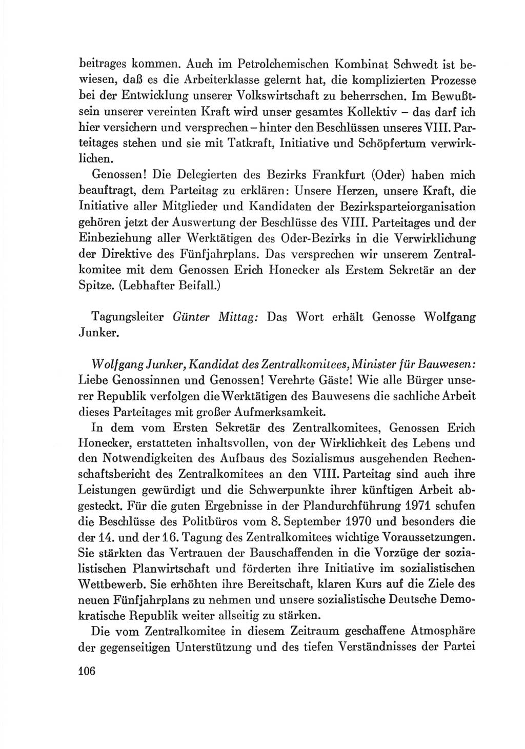 Protokoll der Verhandlungen des Ⅷ. Parteitages der Sozialistischen Einheitspartei Deutschlands (SED) [Deutsche Demokratische Republik (DDR)] 1971, Band 2, Seite 106 (Prot. Verh. Ⅷ. PT SED DDR 1971, Bd. 2, S. 106)