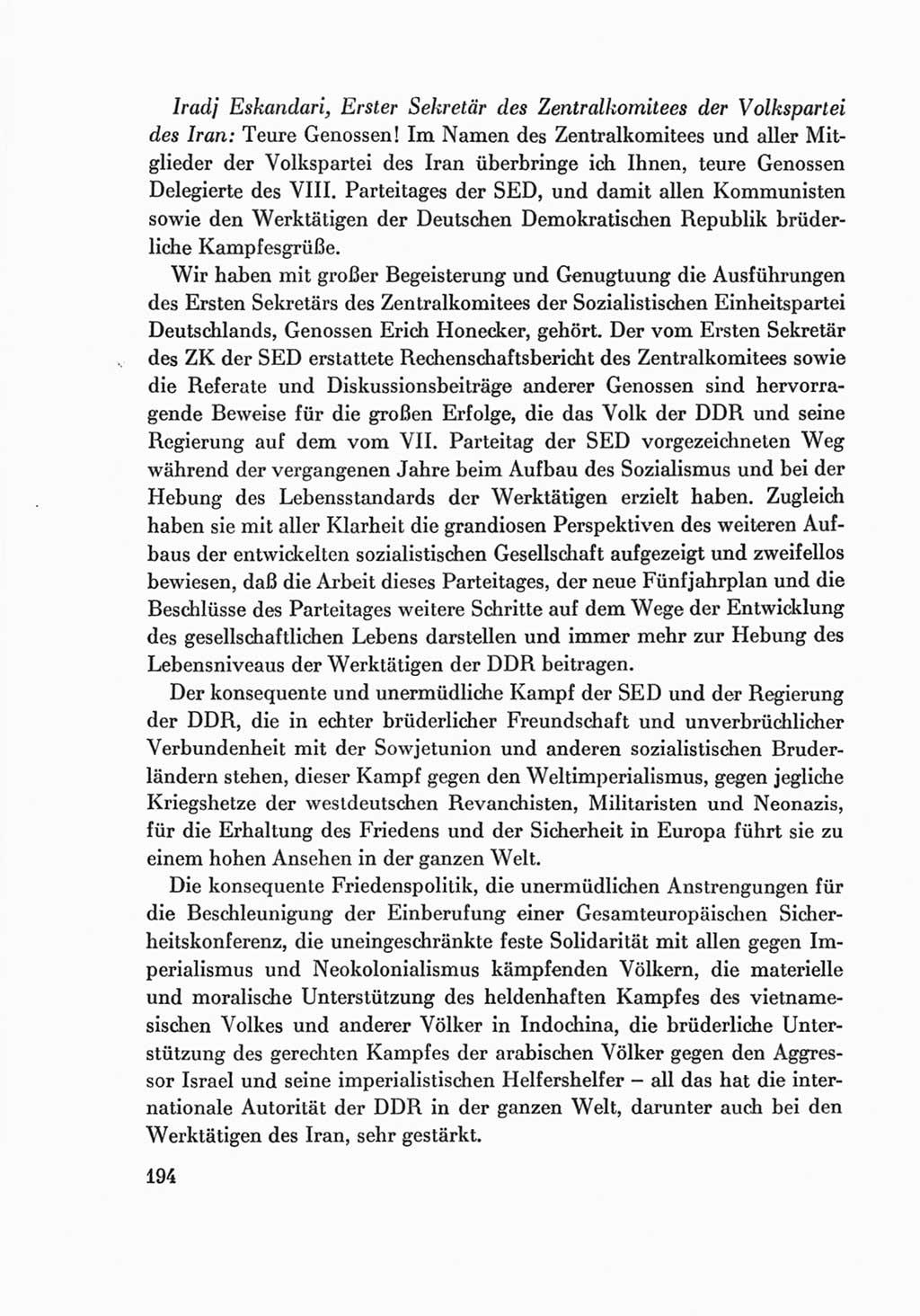 Protokoll der Verhandlungen des Ⅷ. Parteitages der Sozialistischen Einheitspartei Deutschlands (SED) [Deutsche Demokratische Republik (DDR)] 1971, Band 2, Seite 194 (Prot. Verh. Ⅷ. PT SED DDR 1971, Bd. 2, S. 194)