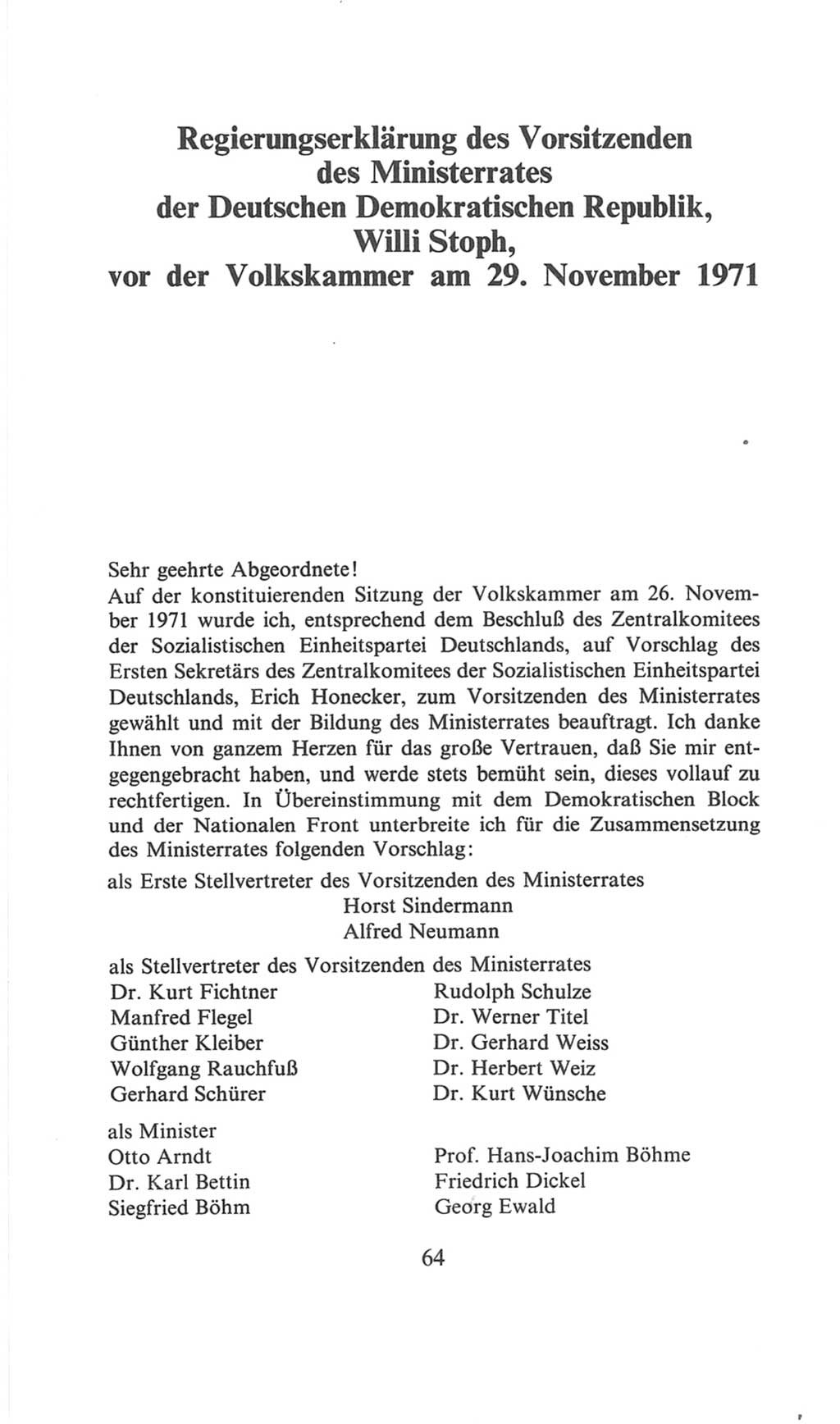 Volkskammer (VK) der Deutschen Demokratischen Republik (DDR), 6. Wahlperiode 1971-1976, Seite 64 (VK. DDR 6. WP. 1971-1976, S. 64)