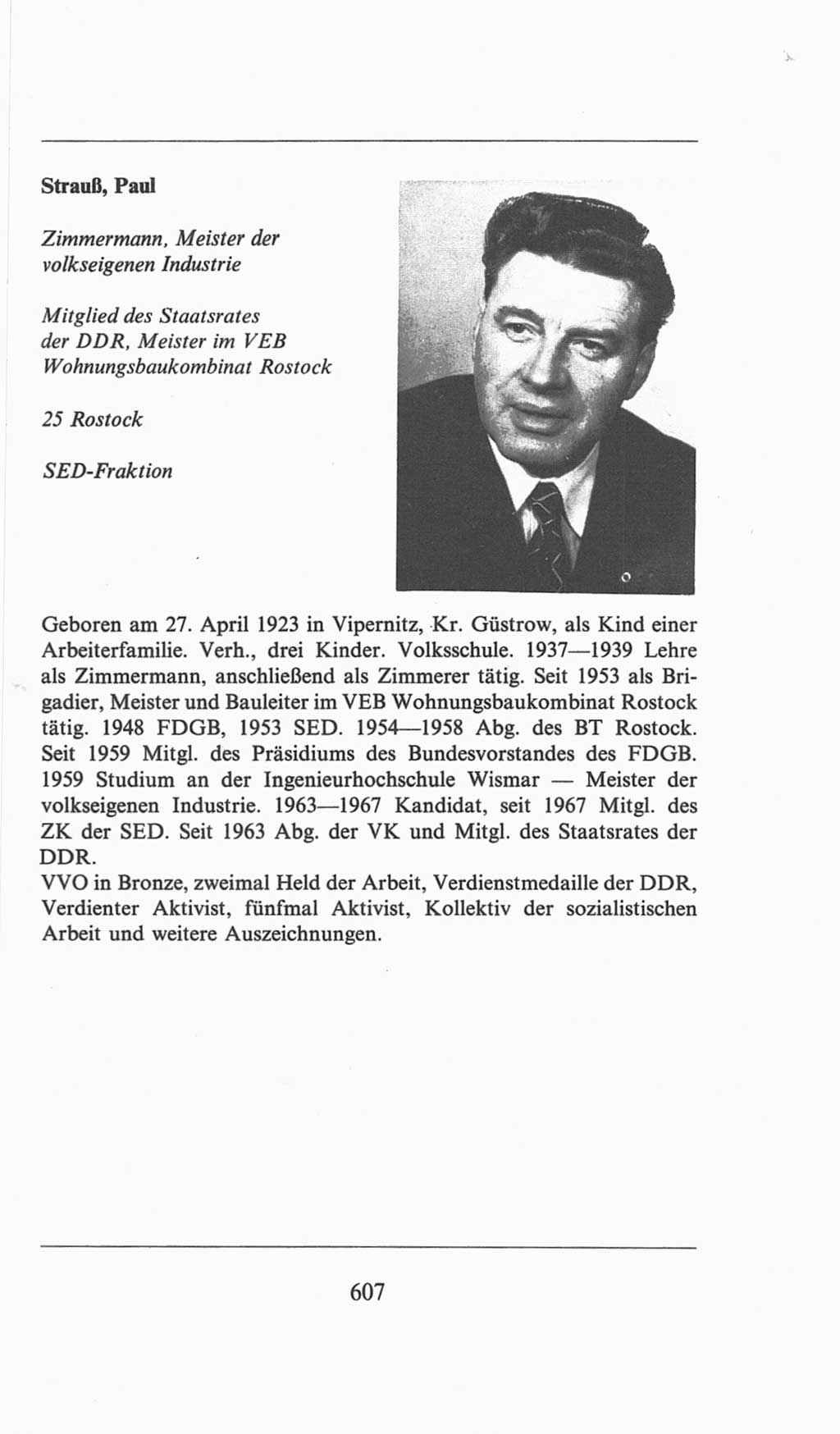 Volkskammer (VK) der Deutschen Demokratischen Republik (DDR), 6. Wahlperiode 1971-1976, Seite 607 (VK. DDR 6. WP. 1971-1976, S. 607)