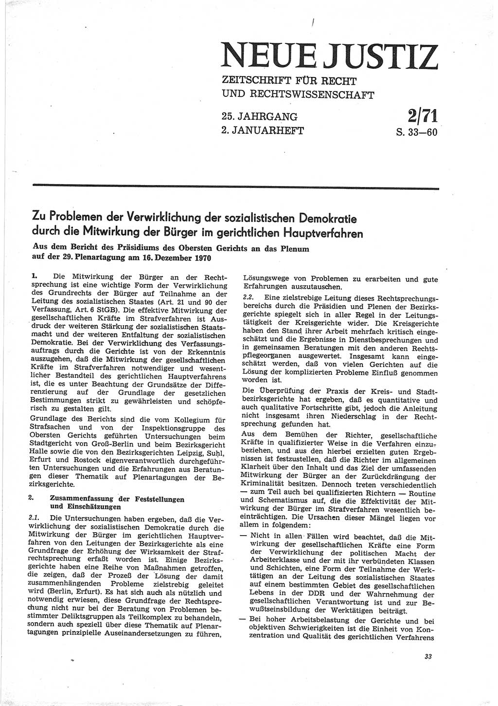 Neue Justiz (NJ), Zeitschrift für Recht und Rechtswissenschaft [Deutsche Demokratische Republik (DDR)], 25. Jahrgang 1971, Seite 33 (NJ DDR 1971, S. 33)
