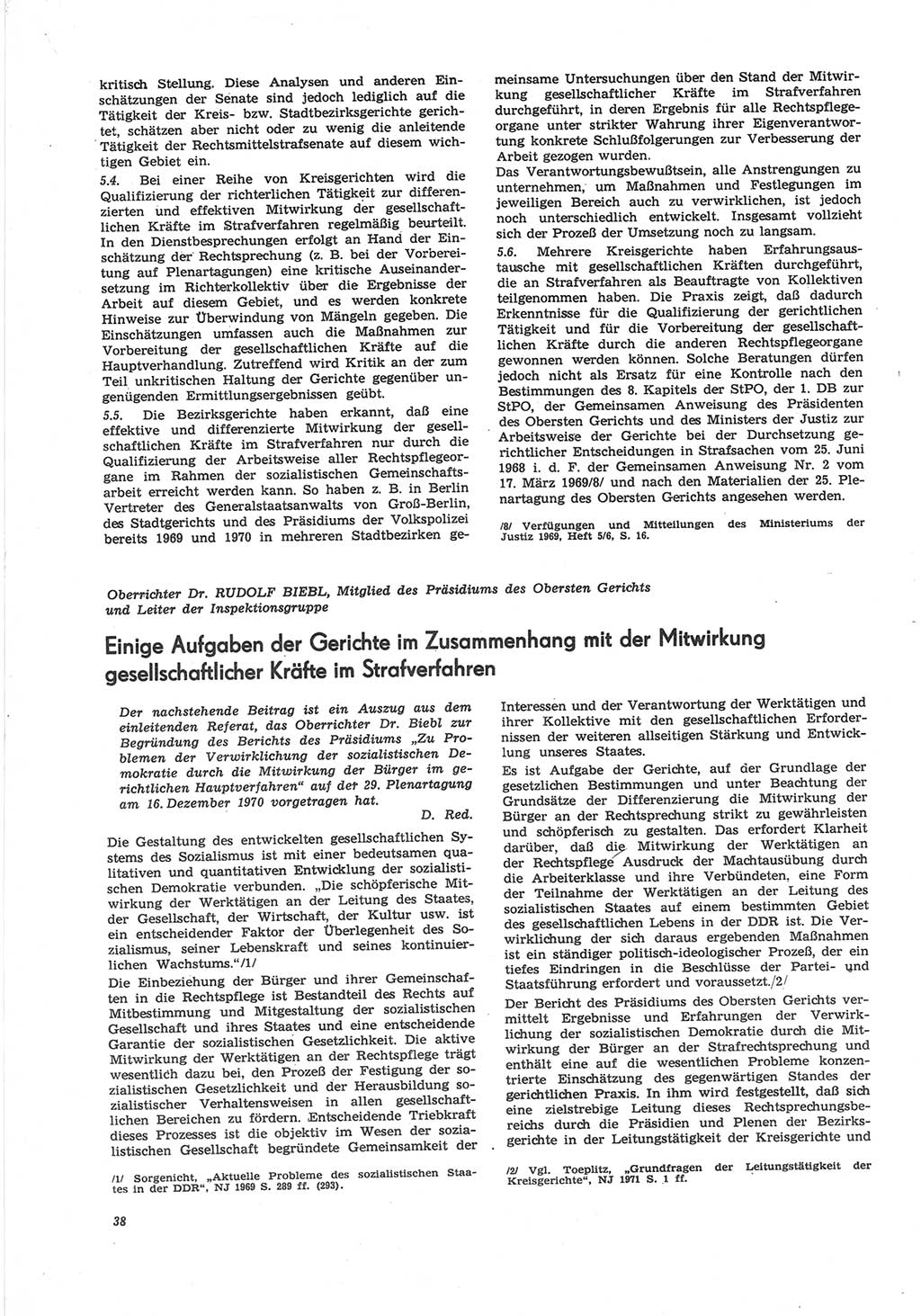 Neue Justiz (NJ), Zeitschrift für Recht und Rechtswissenschaft [Deutsche Demokratische Republik (DDR)], 25. Jahrgang 1971, Seite 38 (NJ DDR 1971, S. 38)