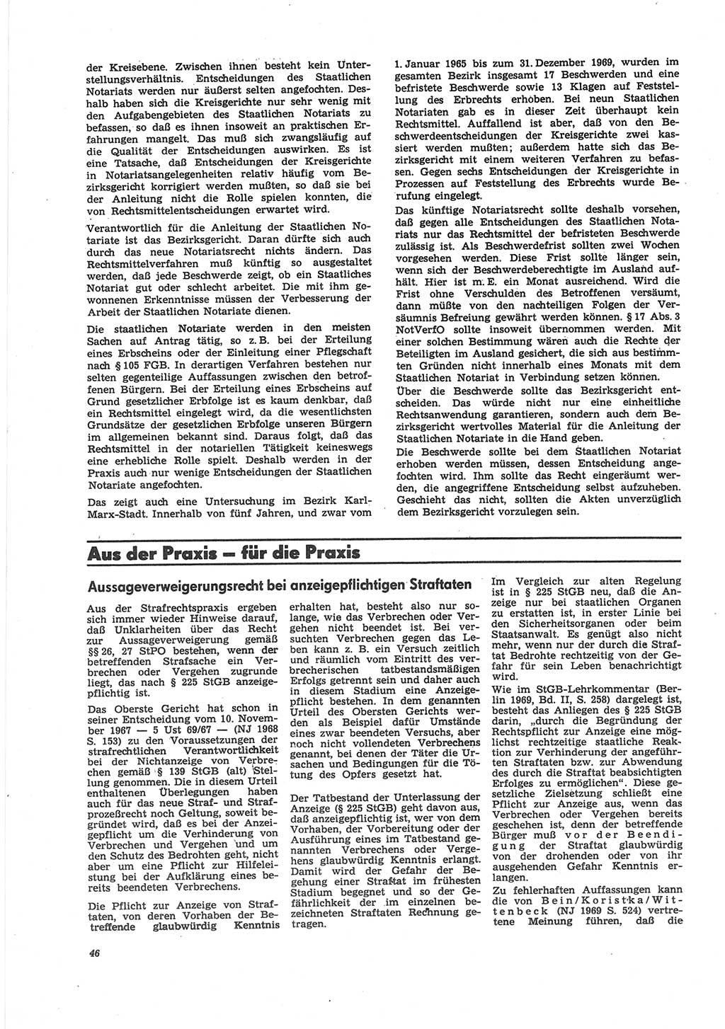 Neue Justiz (NJ), Zeitschrift für Recht und Rechtswissenschaft [Deutsche Demokratische Republik (DDR)], 25. Jahrgang 1971, Seite 46 (NJ DDR 1971, S. 46)