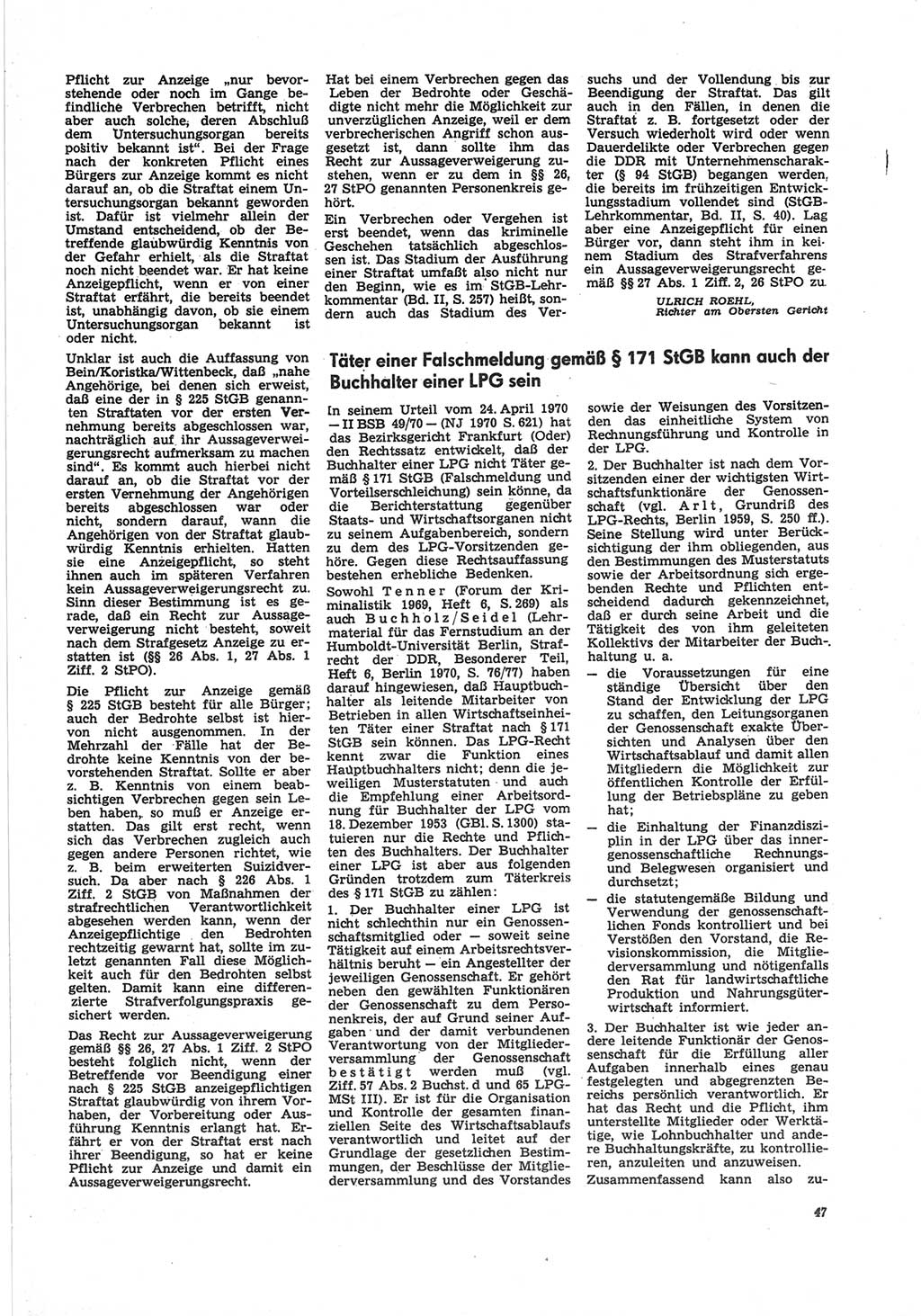 Neue Justiz (NJ), Zeitschrift für Recht und Rechtswissenschaft [Deutsche Demokratische Republik (DDR)], 25. Jahrgang 1971, Seite 47 (NJ DDR 1971, S. 47)
