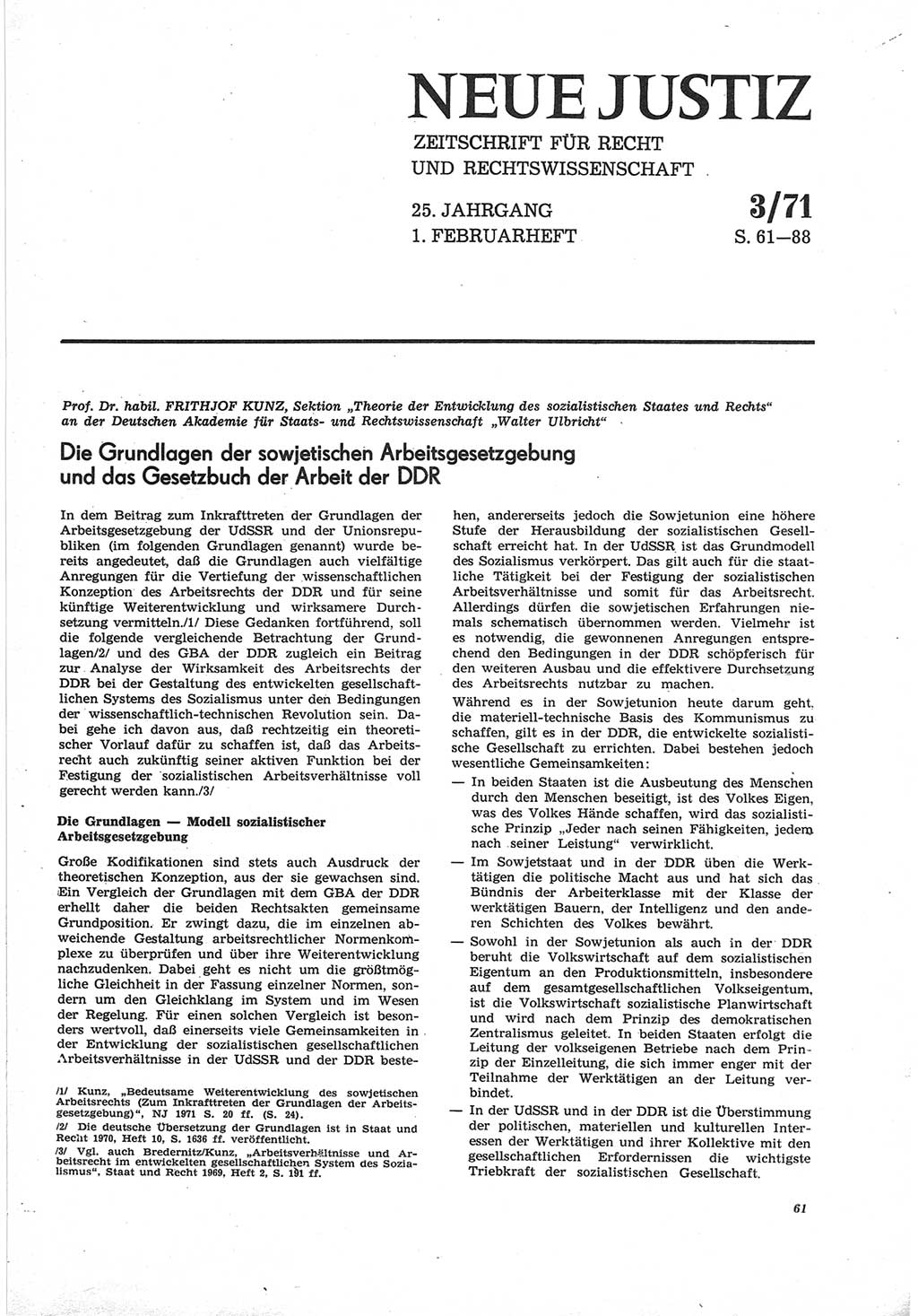 Neue Justiz (NJ), Zeitschrift für Recht und Rechtswissenschaft [Deutsche Demokratische Republik (DDR)], 25. Jahrgang 1971, Seite 61 (NJ DDR 1971, S. 61)