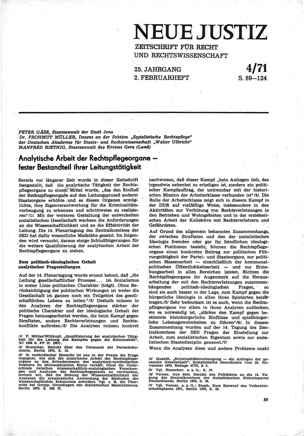 Neue Justiz (NJ), Zeitschrift für Recht und Rechtswissenschaft [Deutsche Demokratische Republik (DDR)], 25. Jahrgang 1971, Seite 89 (NJ DDR 1971, S. 89)