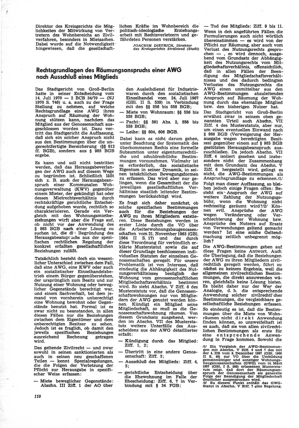 Neue Justiz (NJ), Zeitschrift für Recht und Rechtswissenschaft [Deutsche Demokratische Republik (DDR)], 25. Jahrgang 1971, Seite 110 (NJ DDR 1971, S. 110)