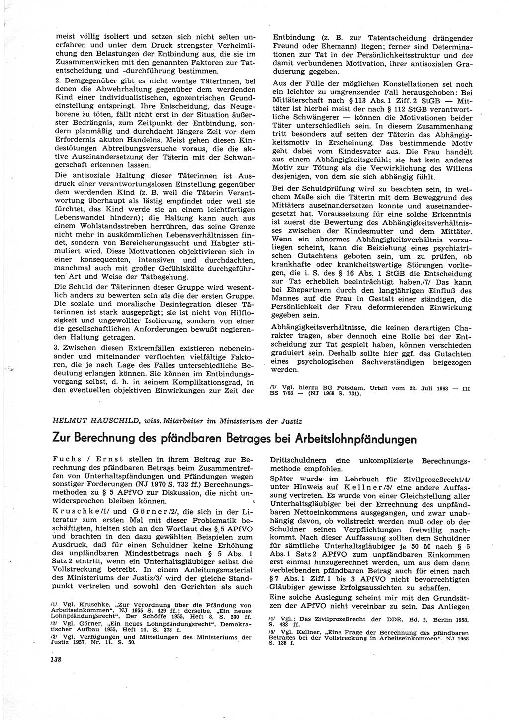 Neue Justiz (NJ), Zeitschrift für Recht und Rechtswissenschaft [Deutsche Demokratische Republik (DDR)], 25. Jahrgang 1971, Seite 138 (NJ DDR 1971, S. 138)