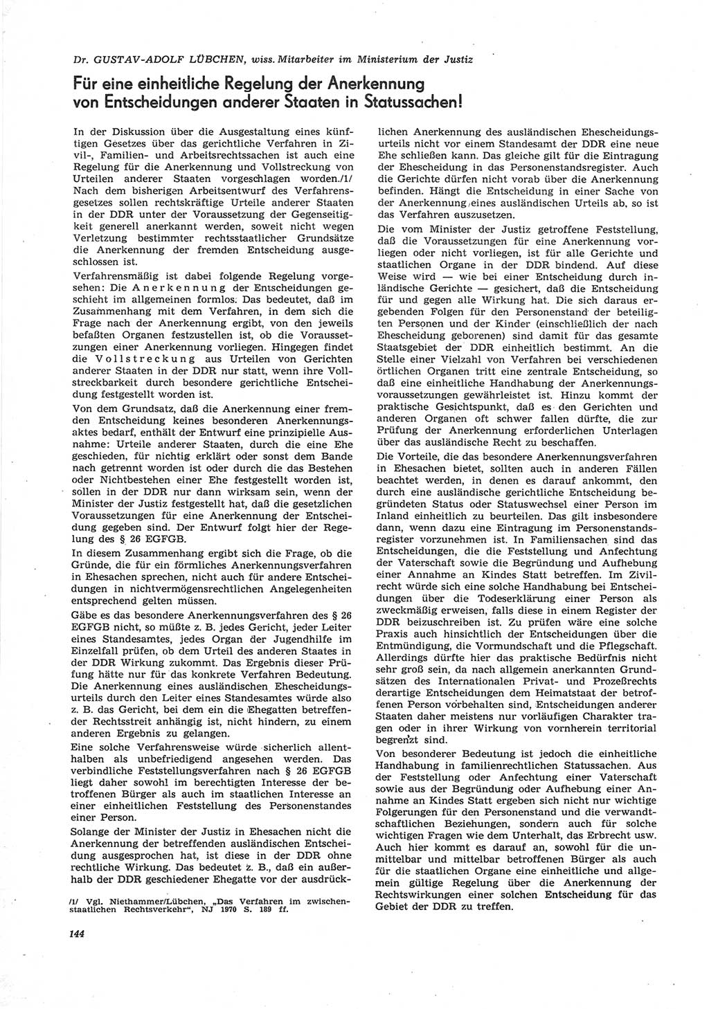 Neue Justiz (NJ), Zeitschrift für Recht und Rechtswissenschaft [Deutsche Demokratische Republik (DDR)], 25. Jahrgang 1971, Seite 144 (NJ DDR 1971, S. 144)