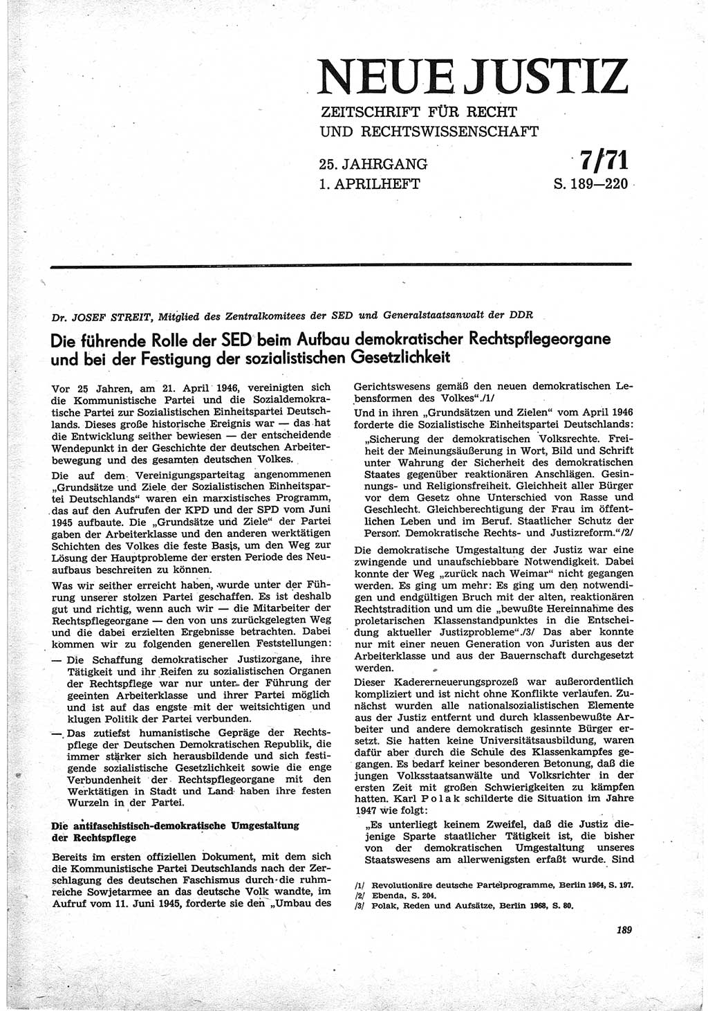 Neue Justiz (NJ), Zeitschrift für Recht und Rechtswissenschaft [Deutsche Demokratische Republik (DDR)], 25. Jahrgang 1971, Seite 189 (NJ DDR 1971, S. 189)