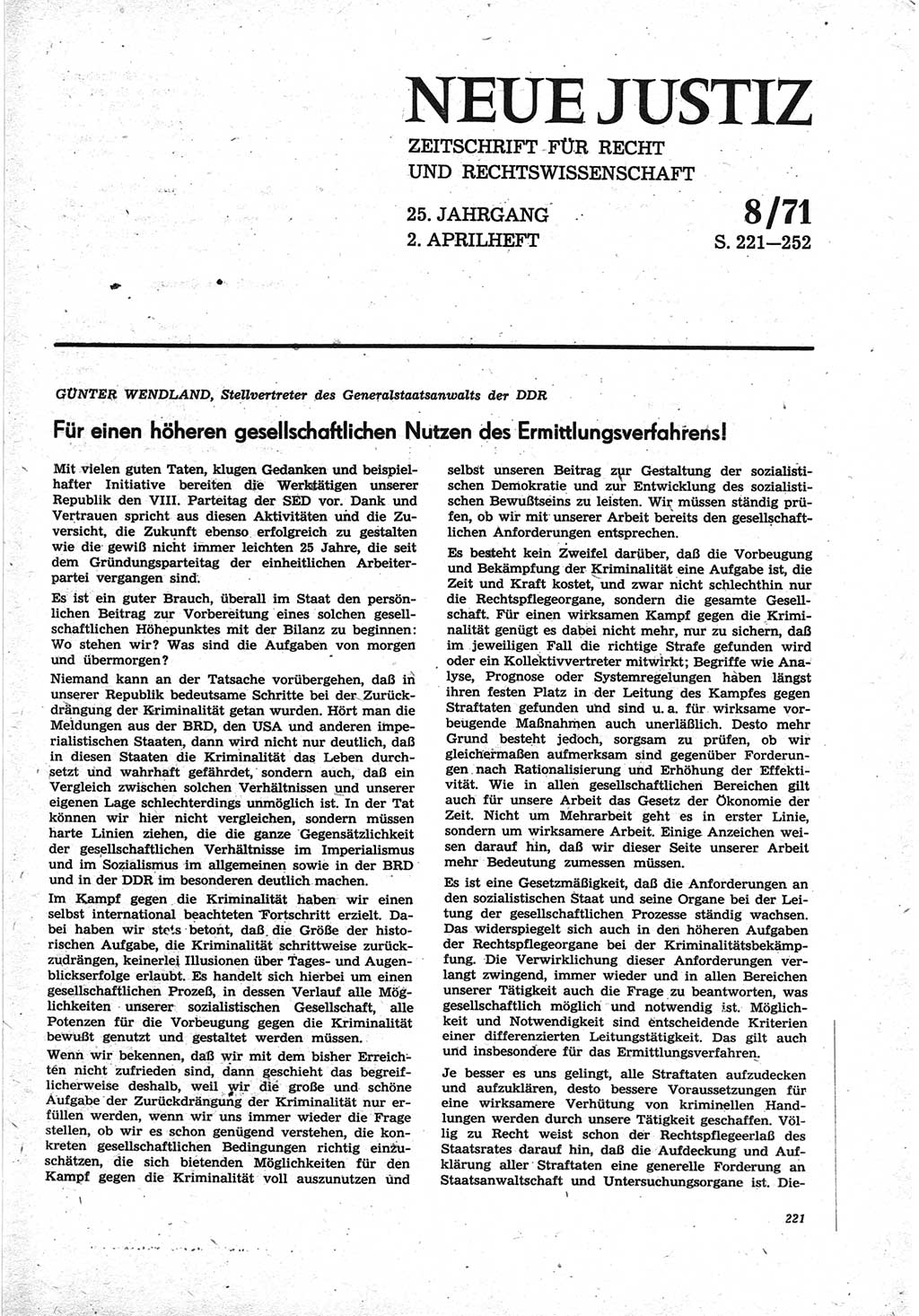 Neue Justiz (NJ), Zeitschrift für Recht und Rechtswissenschaft [Deutsche Demokratische Republik (DDR)], 25. Jahrgang 1971, Seite 221 (NJ DDR 1971, S. 221)