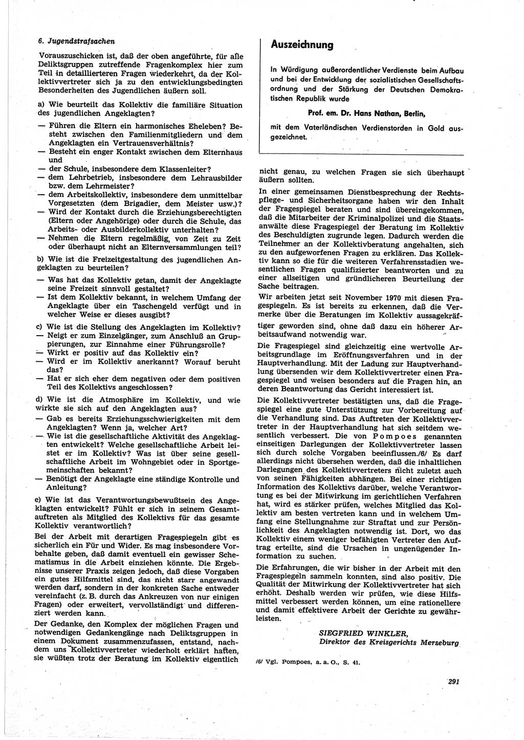 Neue Justiz (NJ), Zeitschrift für Recht und Rechtswissenschaft [Deutsche Demokratische Republik (DDR)], 25. Jahrgang 1971, Seite 291 (NJ DDR 1971, S. 291)