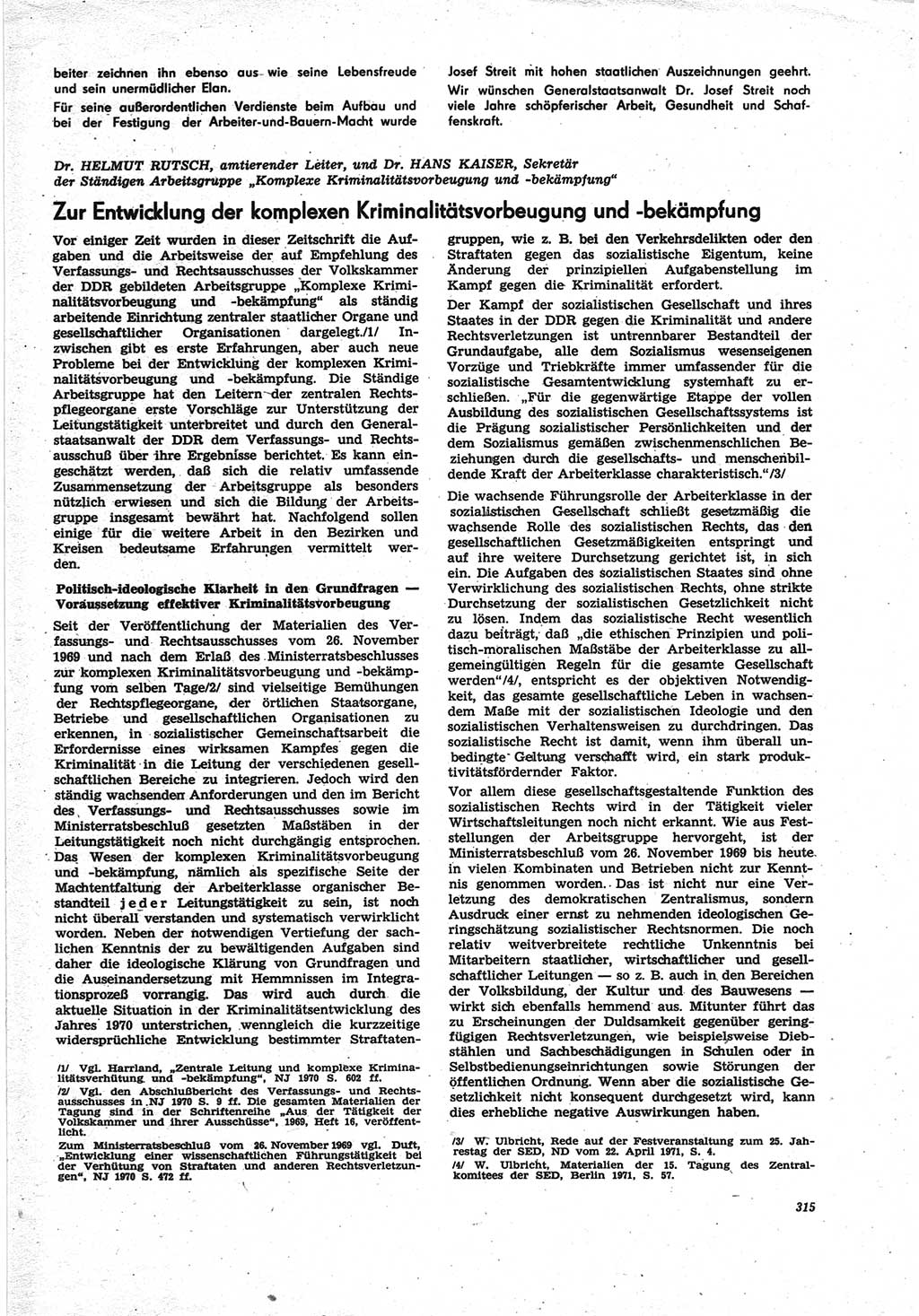Neue Justiz (NJ), Zeitschrift für Recht und Rechtswissenschaft [Deutsche Demokratische Republik (DDR)], 25. Jahrgang 1971, Seite 315 (NJ DDR 1971, S. 315)