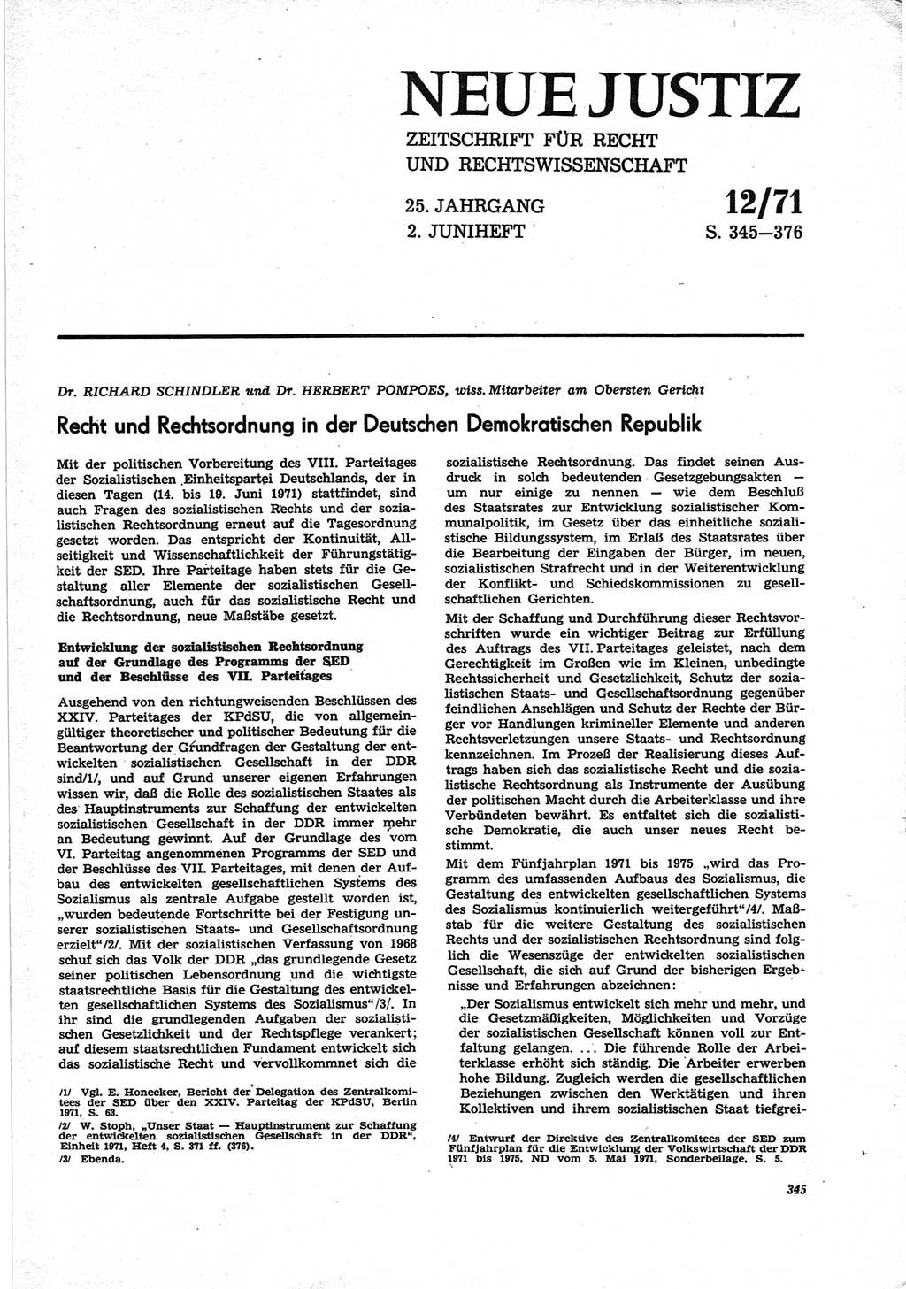Neue Justiz (NJ), Zeitschrift für Recht und Rechtswissenschaft [Deutsche Demokratische Republik (DDR)], 25. Jahrgang 1971, Seite 345 (NJ DDR 1971, S. 345)