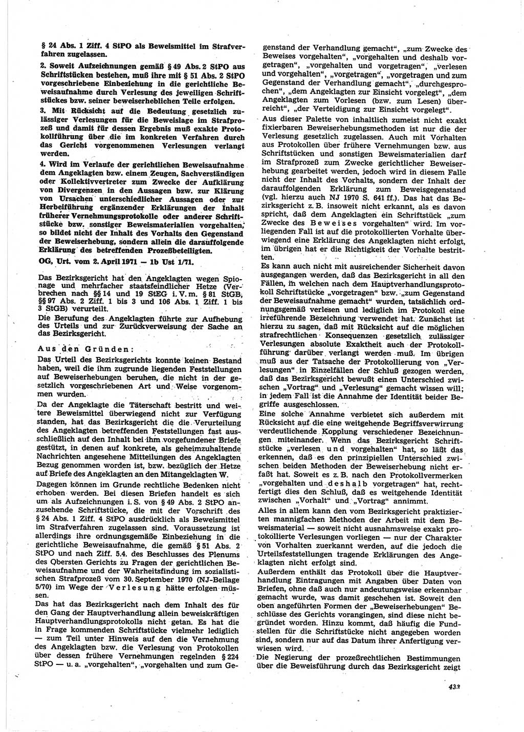 Neue Justiz (NJ), Zeitschrift für Recht und Rechtswissenschaft [Deutsche Demokratische Republik (DDR)], 25. Jahrgang 1971, Seite 433 (NJ DDR 1971, S. 433)