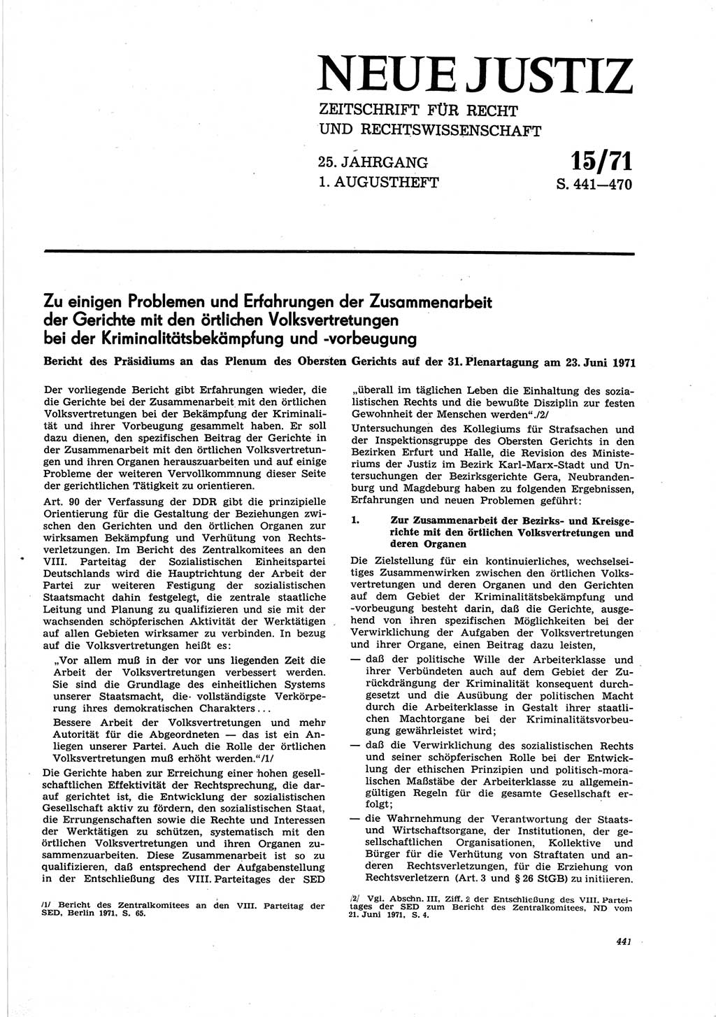 Neue Justiz (NJ), Zeitschrift für Recht und Rechtswissenschaft [Deutsche Demokratische Republik (DDR)], 25. Jahrgang 1971, Seite 441 (NJ DDR 1971, S. 441)
