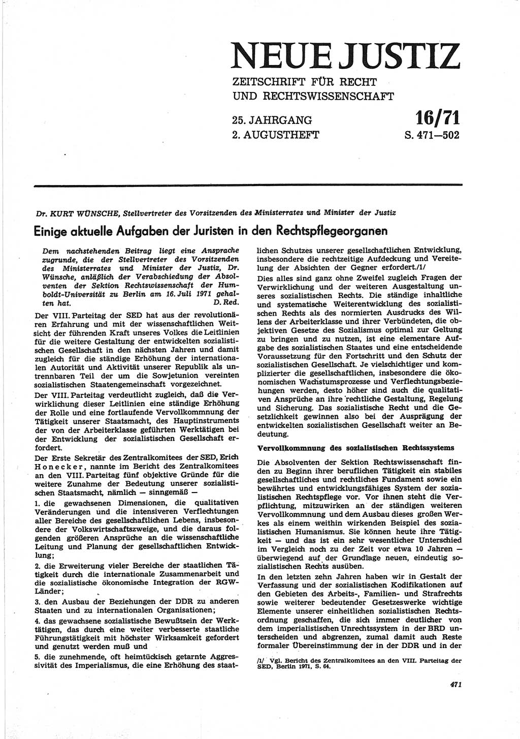 Neue Justiz (NJ), Zeitschrift für Recht und Rechtswissenschaft [Deutsche Demokratische Republik (DDR)], 25. Jahrgang 1971, Seite 471 (NJ DDR 1971, S. 471)