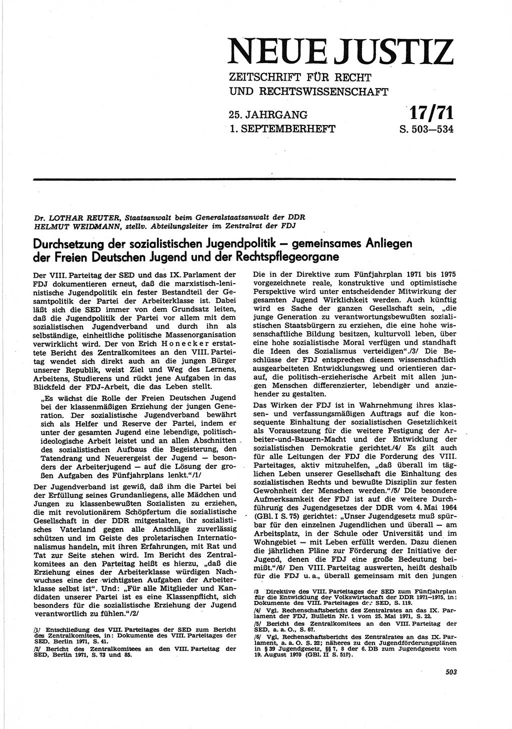 Neue Justiz (NJ), Zeitschrift für Recht und Rechtswissenschaft [Deutsche Demokratische Republik (DDR)], 25. Jahrgang 1971, Seite 503 (NJ DDR 1971, S. 503)
