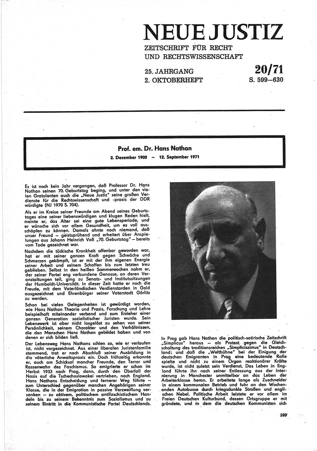 Neue Justiz (NJ), Zeitschrift für Recht und Rechtswissenschaft [Deutsche Demokratische Republik (DDR)], 25. Jahrgang 1971, Seite 599 (NJ DDR 1971, S. 599)