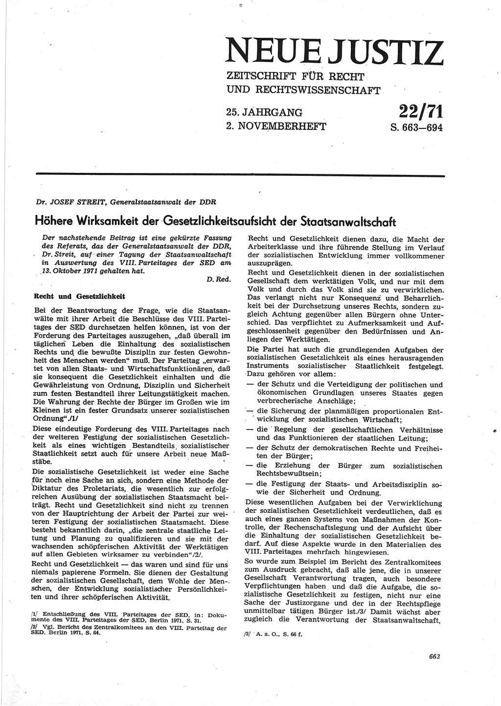 Neue Justiz (NJ), Zeitschrift für Recht und Rechtswissenschaft [Deutsche Demokratische Republik (DDR)], 25. Jahrgang 1971, Seite 663 (NJ DDR 1971, S. 663)