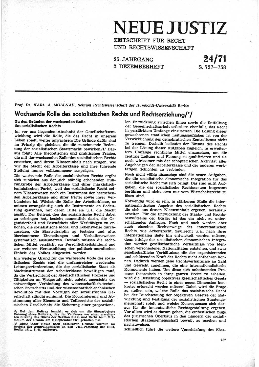 Neue Justiz (NJ), Zeitschrift für Recht und Rechtswissenschaft [Deutsche Demokratische Republik (DDR)], 25. Jahrgang 1971, Seite 727 (NJ DDR 1971, S. 727)