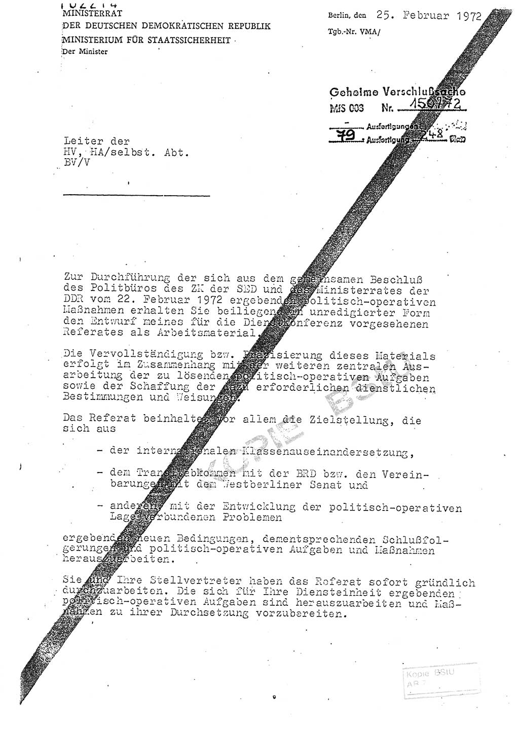 Anschreiben zum Referat (Entwurf) des Genossen Minister (Generaloberst Erich Mielke) auf der Dienstkonferenz 1972, Ministerium für Staatssicherheit (MfS) [Deutsche Demokratische Republik (DDR)], Der Minister, Geheime Verschlußsache (GVS) 008-150/72, Berlin 25.2.1972, Seite 1 (Anschr. Ref. Entw. DK MfS DDR Min. GVS 008-150/72 1972, S. 1)