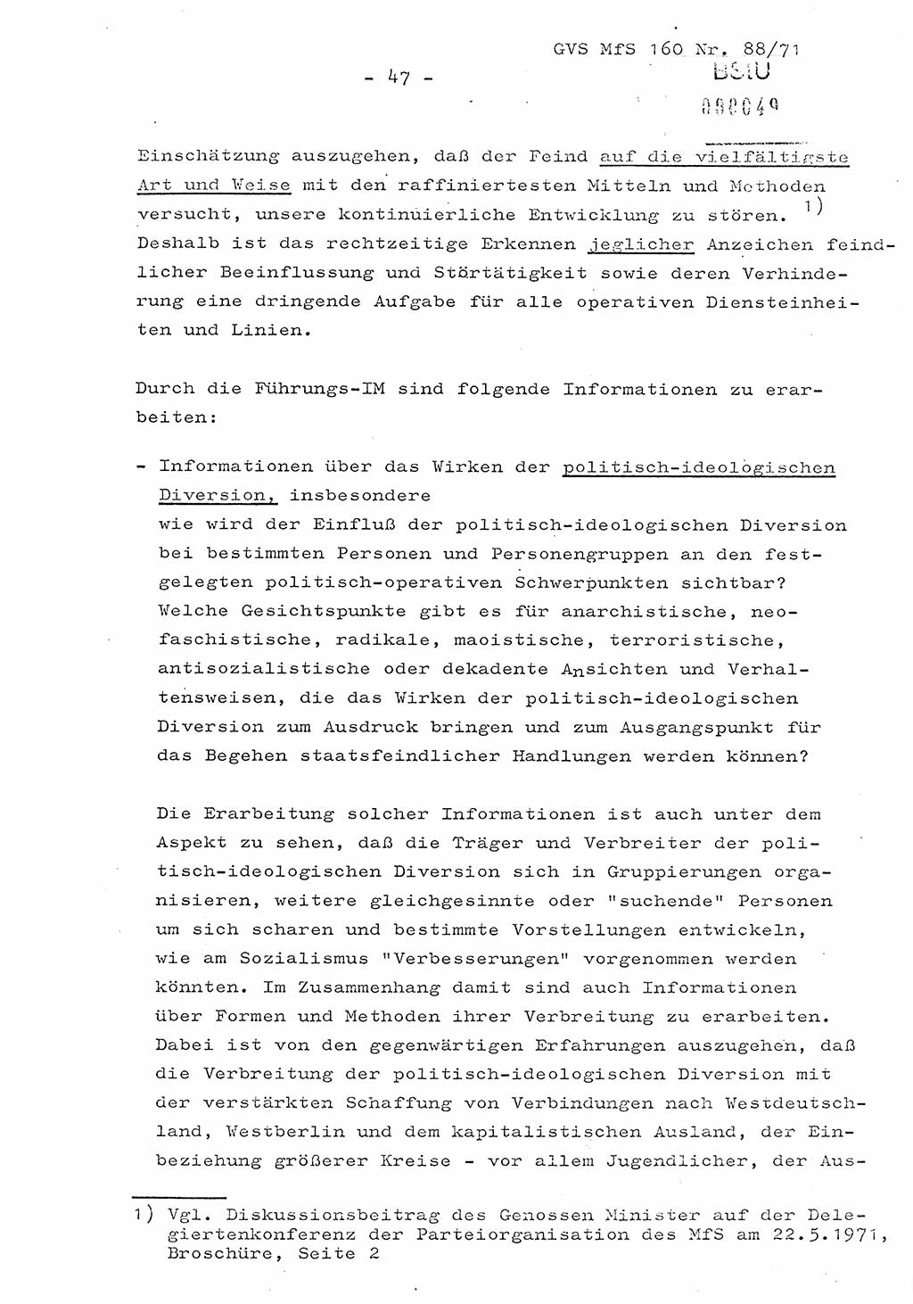 Dissertation Oberstleutnant Josef Schwarz (BV Schwerin), Major Fritz Amm (JHS), Hauptmann Peter Gräßler (JHS), Ministerium für Staatssicherheit (MfS) [Deutsche Demokratische Republik (DDR)], Juristische Hochschule (JHS), Geheime Verschlußsache (GVS) 160-88/71, Potsdam 1972, Seite 47 (Diss. MfS DDR JHS GVS 160-88/71 1972, S. 47)