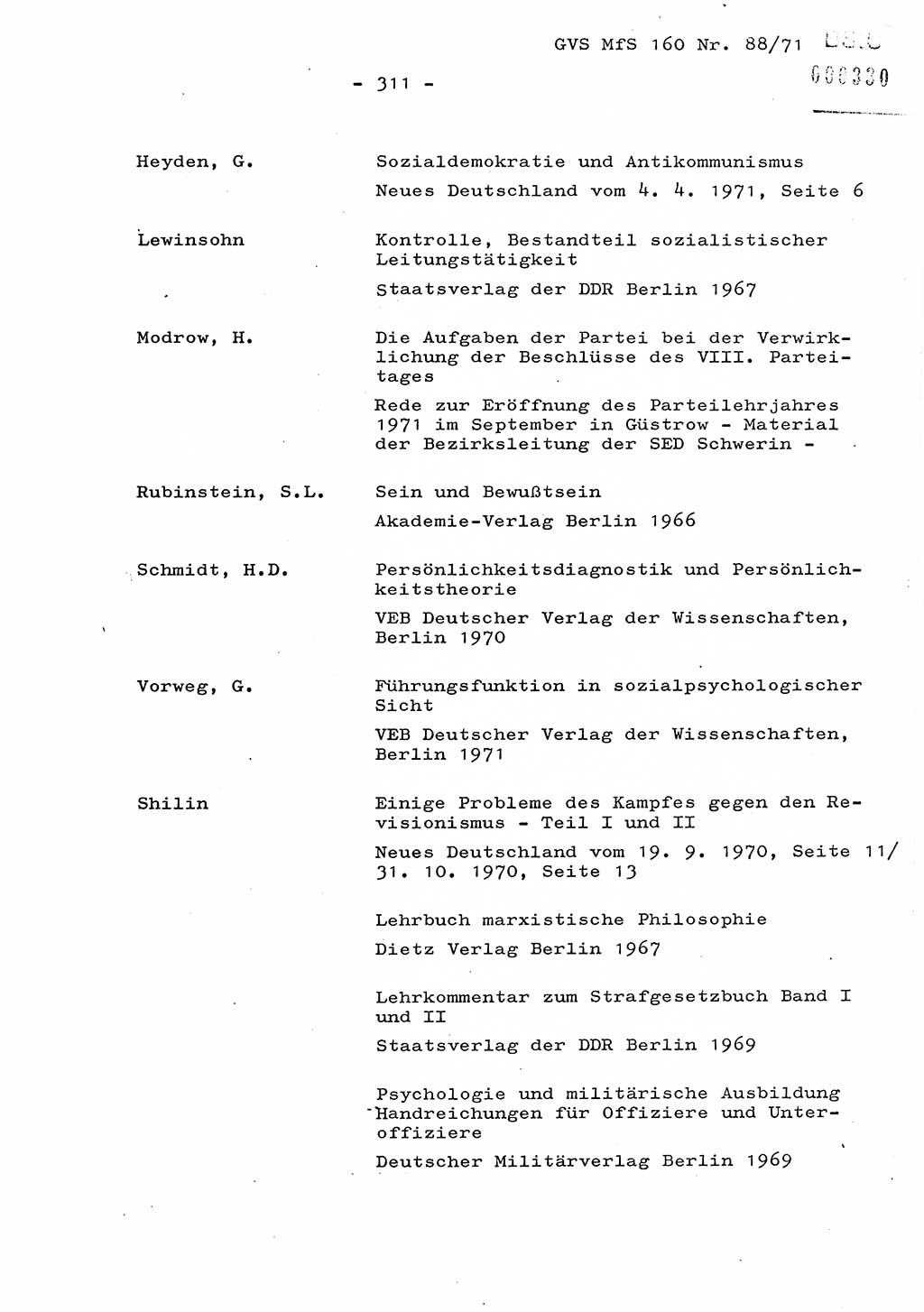 Dissertation Oberstleutnant Josef Schwarz (BV Schwerin), Major Fritz Amm (JHS), Hauptmann Peter Gräßler (JHS), Ministerium für Staatssicherheit (MfS) [Deutsche Demokratische Republik (DDR)], Juristische Hochschule (JHS), Geheime Verschlußsache (GVS) 160-88/71, Potsdam 1972, Seite 311 (Diss. MfS DDR JHS GVS 160-88/71 1972, S. 311)