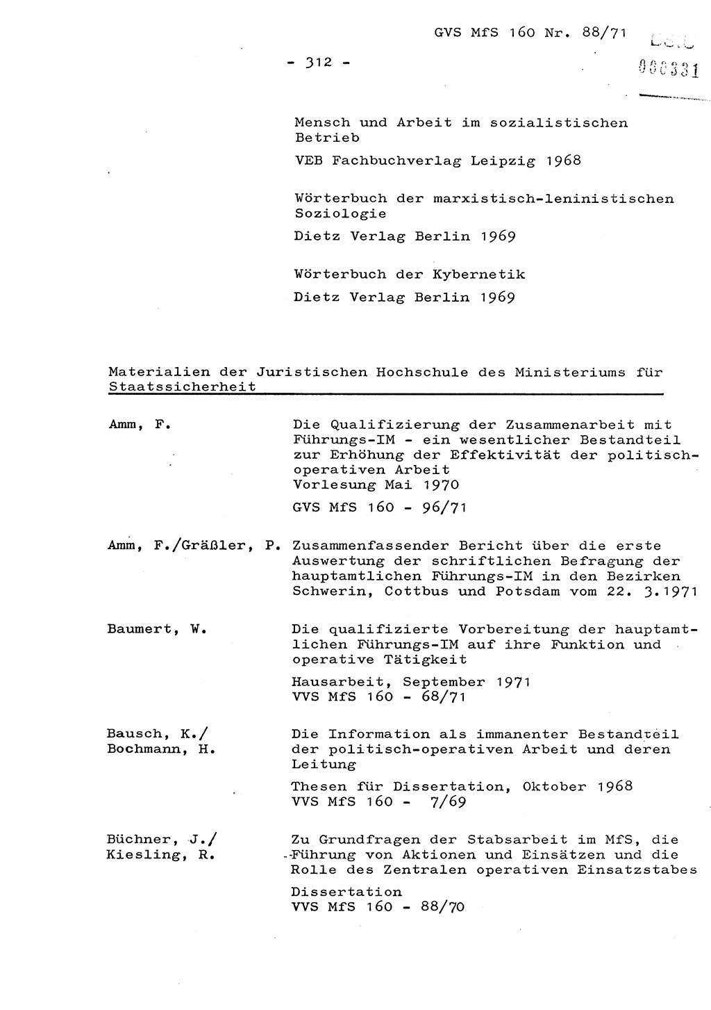 Dissertation Oberstleutnant Josef Schwarz (BV Schwerin), Major Fritz Amm (JHS), Hauptmann Peter Gräßler (JHS), Ministerium für Staatssicherheit (MfS) [Deutsche Demokratische Republik (DDR)], Juristische Hochschule (JHS), Geheime Verschlußsache (GVS) 160-88/71, Potsdam 1972, Seite 312 (Diss. MfS DDR JHS GVS 160-88/71 1972, S. 312)