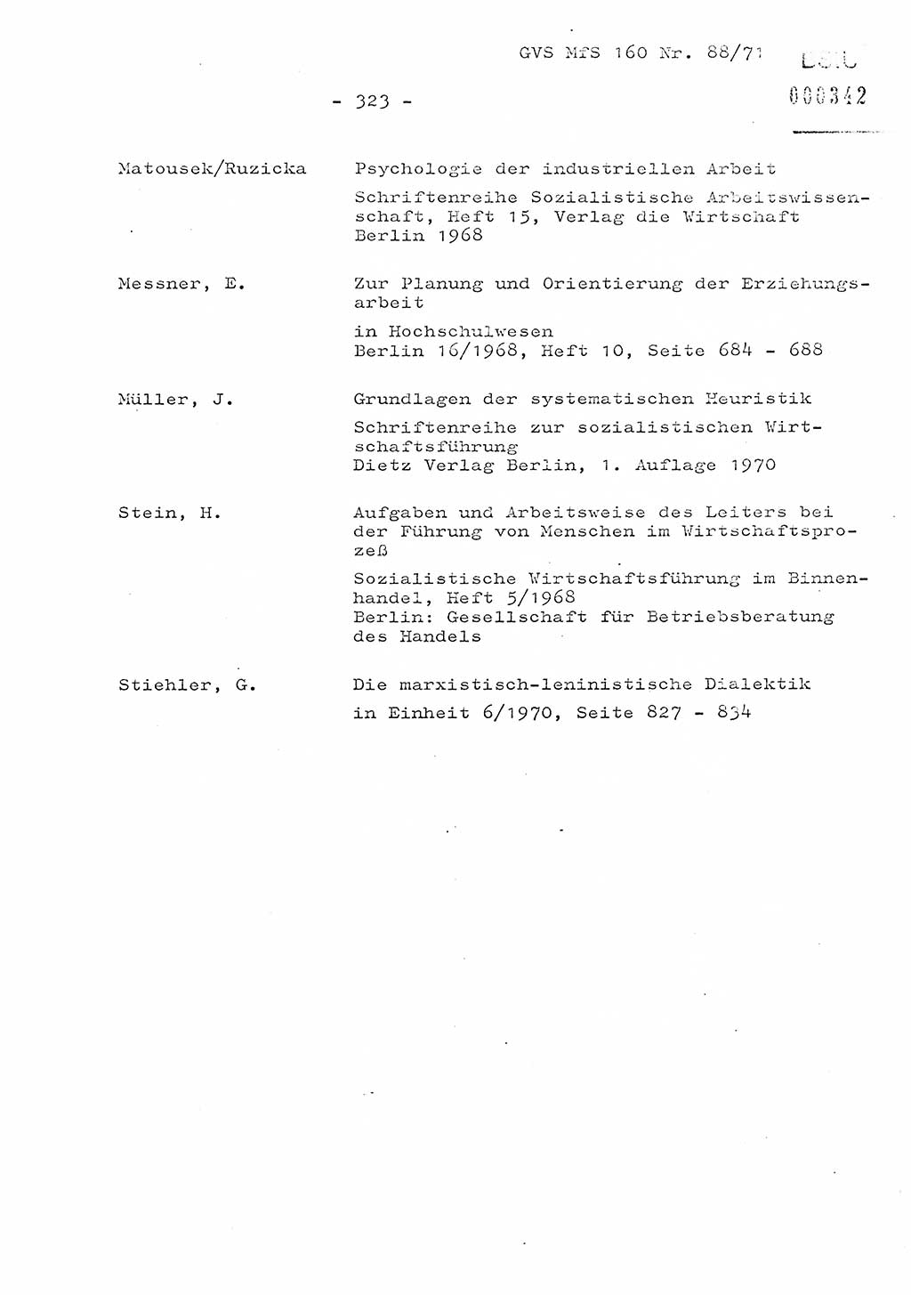 Dissertation Oberstleutnant Josef Schwarz (BV Schwerin), Major Fritz Amm (JHS), Hauptmann Peter Gräßler (JHS), Ministerium für Staatssicherheit (MfS) [Deutsche Demokratische Republik (DDR)], Juristische Hochschule (JHS), Geheime Verschlußsache (GVS) 160-88/71, Potsdam 1972, Seite 323 (Diss. MfS DDR JHS GVS 160-88/71 1972, S. 323)