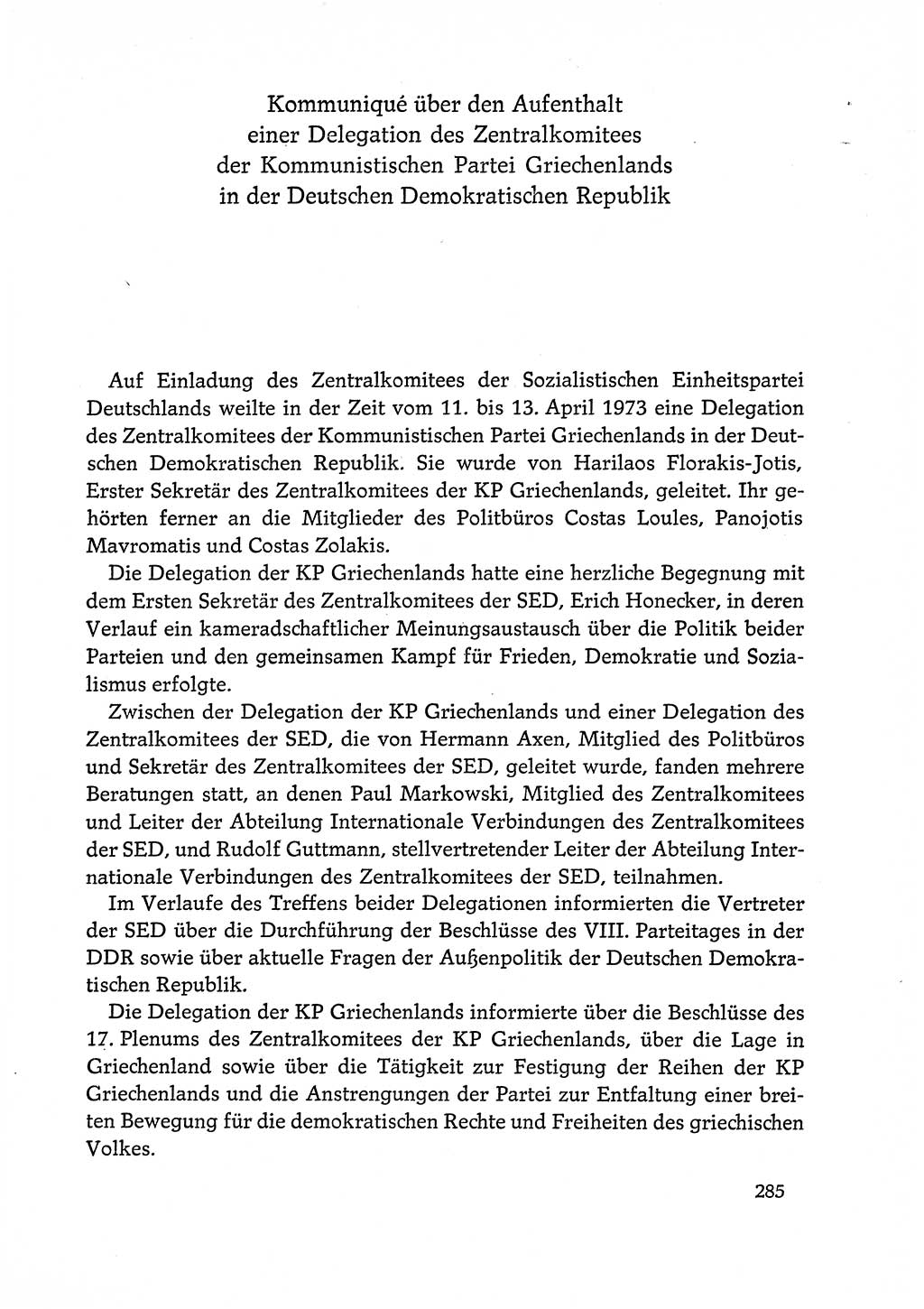 Dokumente der Sozialistischen Einheitspartei Deutschlands (SED) [Deutsche Demokratische Republik (DDR)] 1972-1973, Seite 285 (Dok. SED DDR 1972-1973, S. 285)