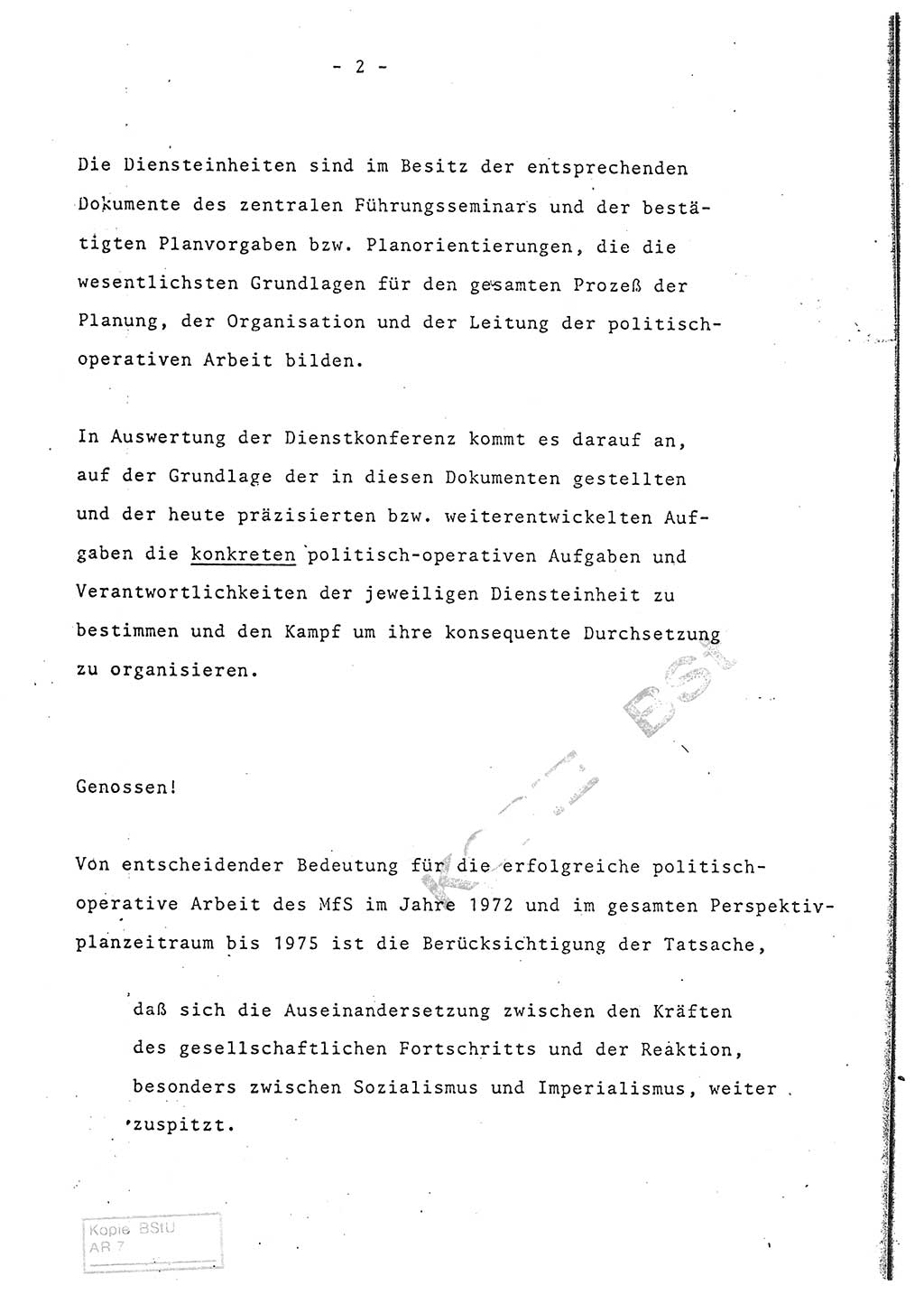 Referat (Entwurf) des Genossen Minister (Generaloberst Erich Mielke) auf der Dienstkonferenz 1972, Ministerium für Staatssicherheit (MfS) [Deutsche Demokratische Republik (DDR)], Der Minister, Geheime Verschlußsache (GVS) 008-150/72, Berlin 25.2.1972, Seite 2 (Ref. Entw. DK MfS DDR Min. GVS 008-150/72 1972, S. 2)