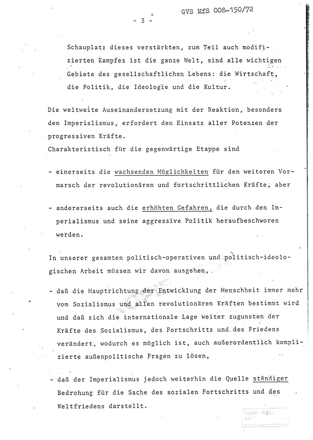 Referat (Entwurf) des Genossen Minister (Generaloberst Erich Mielke) auf der Dienstkonferenz 1972, Ministerium für Staatssicherheit (MfS) [Deutsche Demokratische Republik (DDR)], Der Minister, Geheime Verschlußsache (GVS) 008-150/72, Berlin 25.2.1972, Seite 3 (Ref. Entw. DK MfS DDR Min. GVS 008-150/72 1972, S. 3)