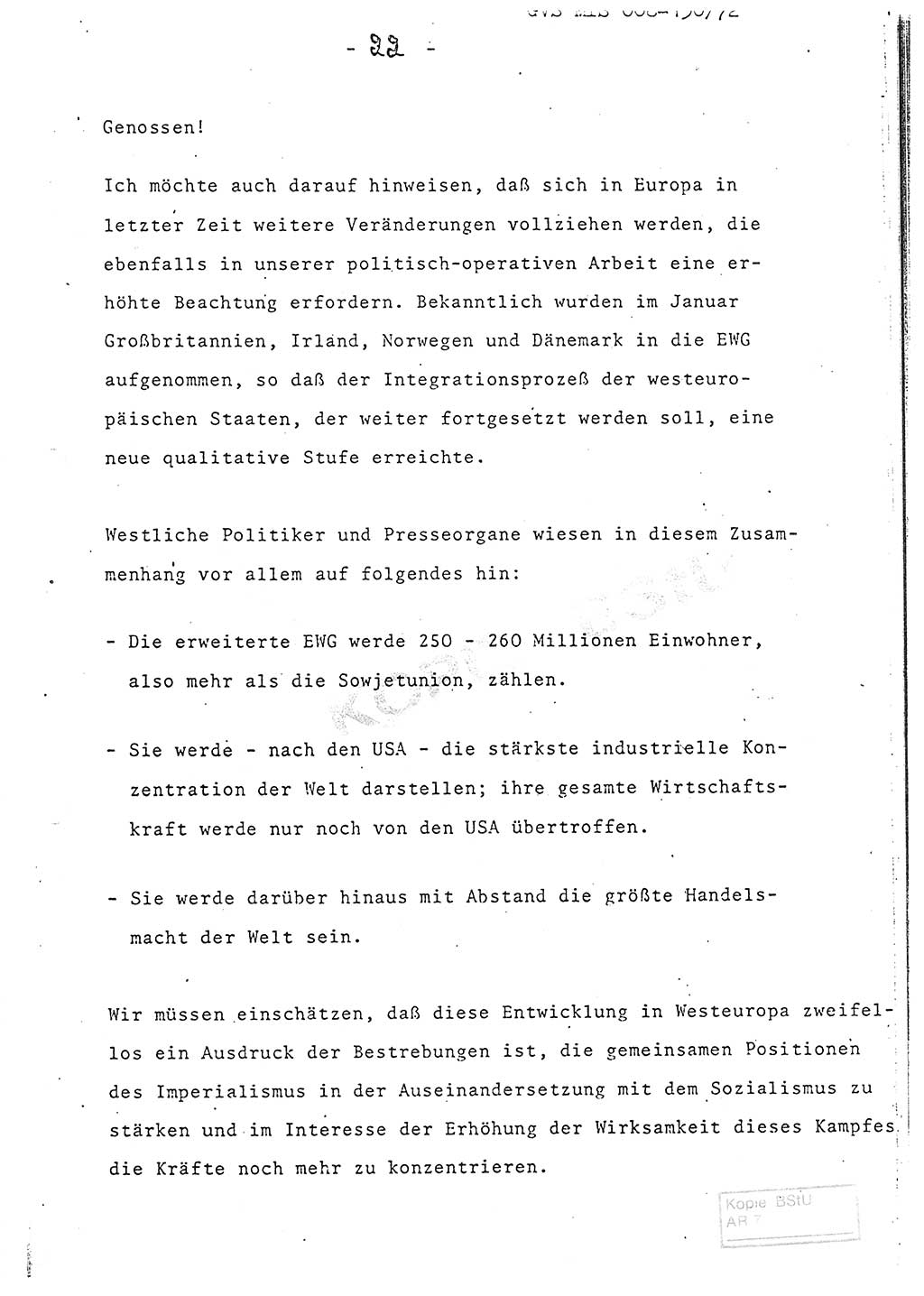 Referat (Entwurf) des Genossen Minister (Generaloberst Erich Mielke) auf der Dienstkonferenz 1972, Ministerium für Staatssicherheit (MfS) [Deutsche Demokratische Republik (DDR)], Der Minister, Geheime Verschlußsache (GVS) 008-150/72, Berlin 25.2.1972, Seite 22 (Ref. Entw. DK MfS DDR Min. GVS 008-150/72 1972, S. 22)