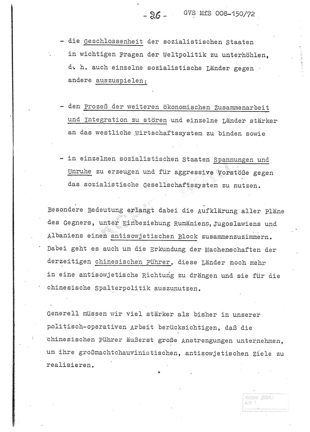 Referat (Entwurf) des Genossen Minister (Generaloberst Erich Mielke) auf der Dienstkonferenz 1972, Ministerium für Staatssicherheit (MfS) [Deutsche Demokratische Republik (DDR)], Der Minister, Geheime Verschlußsache (GVS) 008-150/72, Berlin 25.2.1972, Seite 26 (Ref. Entw. DK MfS DDR Min. GVS 008-150/72 1972, S. 26)