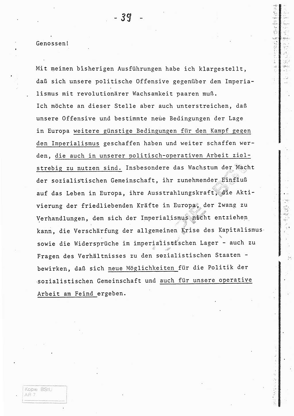 Referat (Entwurf) des Genossen Minister (Generaloberst Erich Mielke) auf der Dienstkonferenz 1972, Ministerium für Staatssicherheit (MfS) [Deutsche Demokratische Republik (DDR)], Der Minister, Geheime Verschlußsache (GVS) 008-150/72, Berlin 25.2.1972, Seite 39 (Ref. Entw. DK MfS DDR Min. GVS 008-150/72 1972, S. 39)