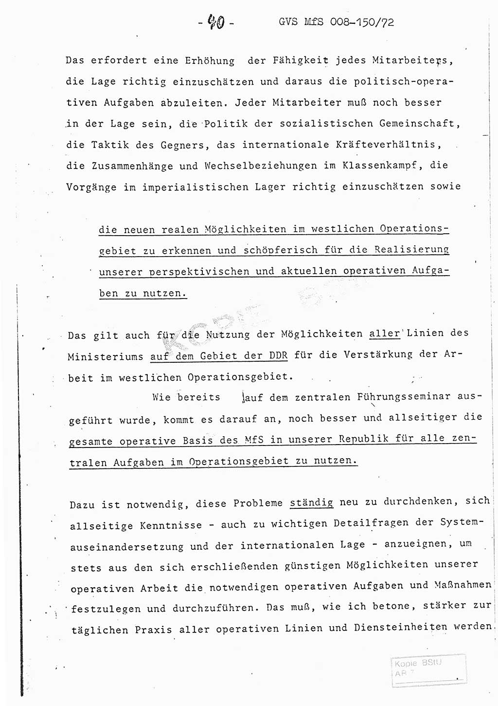 Referat (Entwurf) des Genossen Minister (Generaloberst Erich Mielke) auf der Dienstkonferenz 1972, Ministerium für Staatssicherheit (MfS) [Deutsche Demokratische Republik (DDR)], Der Minister, Geheime Verschlußsache (GVS) 008-150/72, Berlin 25.2.1972, Seite 40 (Ref. Entw. DK MfS DDR Min. GVS 008-150/72 1972, S. 40)