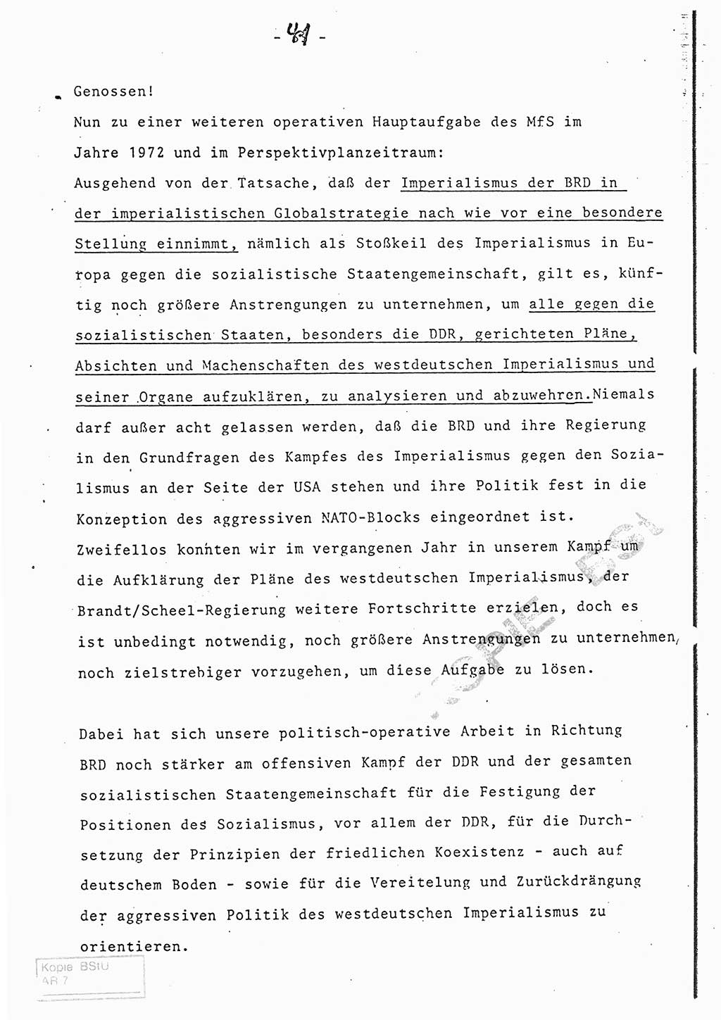 Referat (Entwurf) des Genossen Minister (Generaloberst Erich Mielke) auf der Dienstkonferenz 1972, Ministerium für Staatssicherheit (MfS) [Deutsche Demokratische Republik (DDR)], Der Minister, Geheime Verschlußsache (GVS) 008-150/72, Berlin 25.2.1972, Seite 41 (Ref. Entw. DK MfS DDR Min. GVS 008-150/72 1972, S. 41)