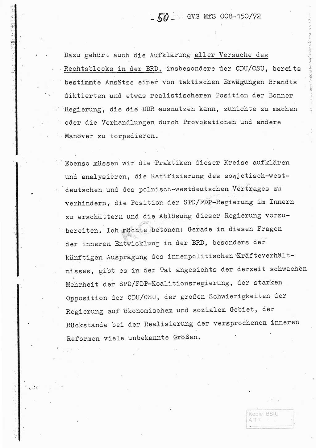 Referat (Entwurf) des Genossen Minister (Generaloberst Erich Mielke) auf der Dienstkonferenz 1972, Ministerium für Staatssicherheit (MfS) [Deutsche Demokratische Republik (DDR)], Der Minister, Geheime Verschlußsache (GVS) 008-150/72, Berlin 25.2.1972, Seite 50 (Ref. Entw. DK MfS DDR Min. GVS 008-150/72 1972, S. 50)